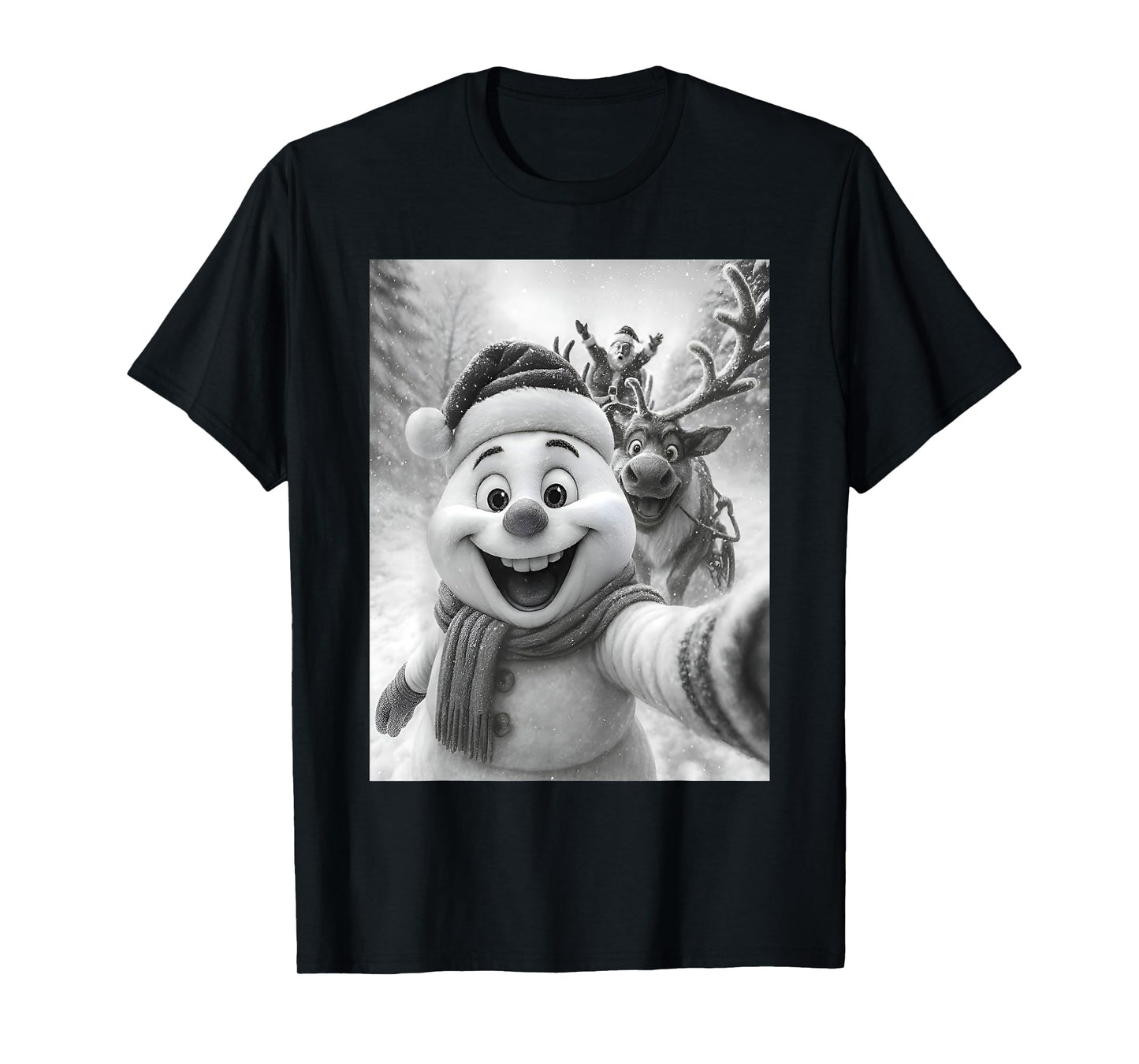 Santa Snowman Reindeer Taking A Selfie Photo Christmas Funny T-Shirt