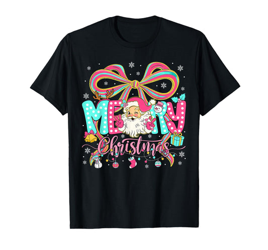 Merry Christmas Coquette Bow Pink Christmas Santa Claus Girl T-Shirt