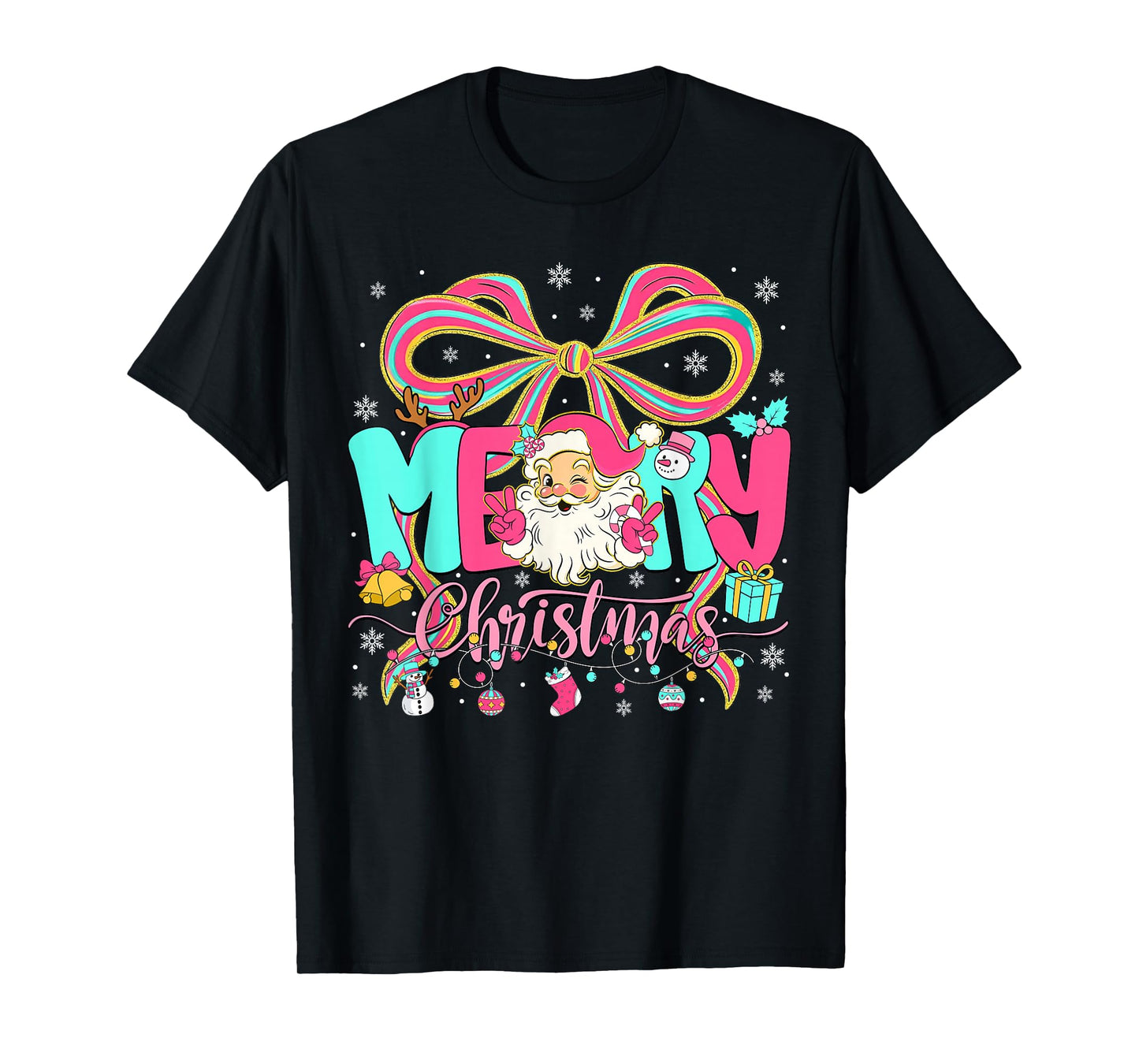 Merry Christmas Coquette Bow Pink Christmas Santa Claus Girl T-Shirt