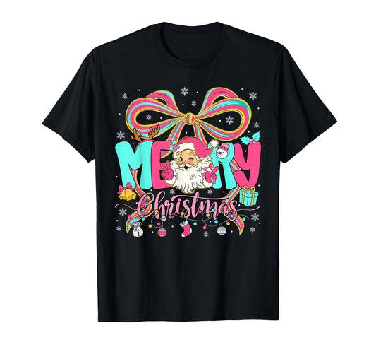 Merry Christmas Coquette Bow Pink Christmas Santa Claus Girl T-Shirt