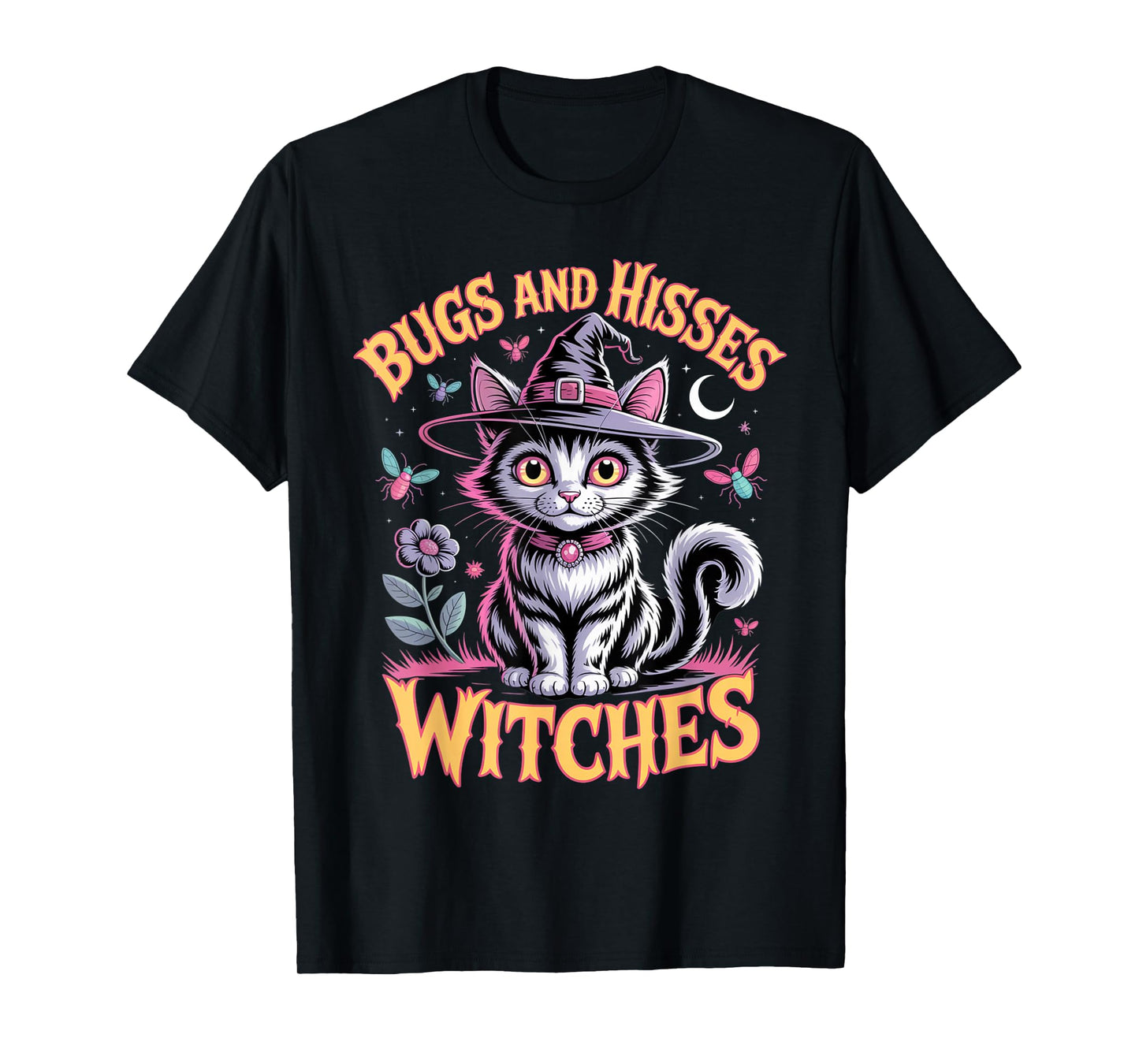 Gothic Cat Magic Flowers Cute Witch Apparel Halloween Tee T-Shirt