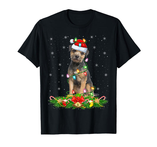 Border Terrier Dog Christmas Lights Funny Santa Hat Xmas T-Shirt