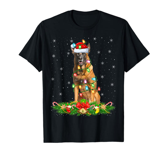 Belgian Malinois Dog Christmas Lights Funny Santa Hat Xmas T-Shirt