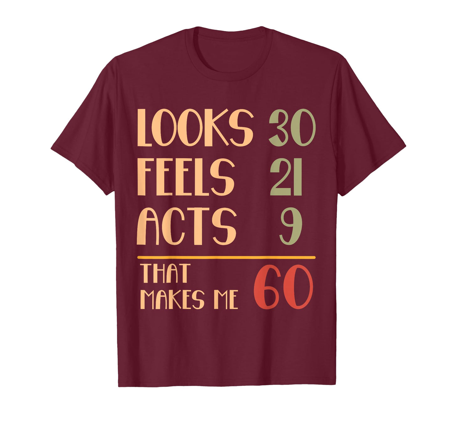 Funny 60th Birthday Humor Looks 30 Feels 21 Acts 9 Sixty T-Shirt