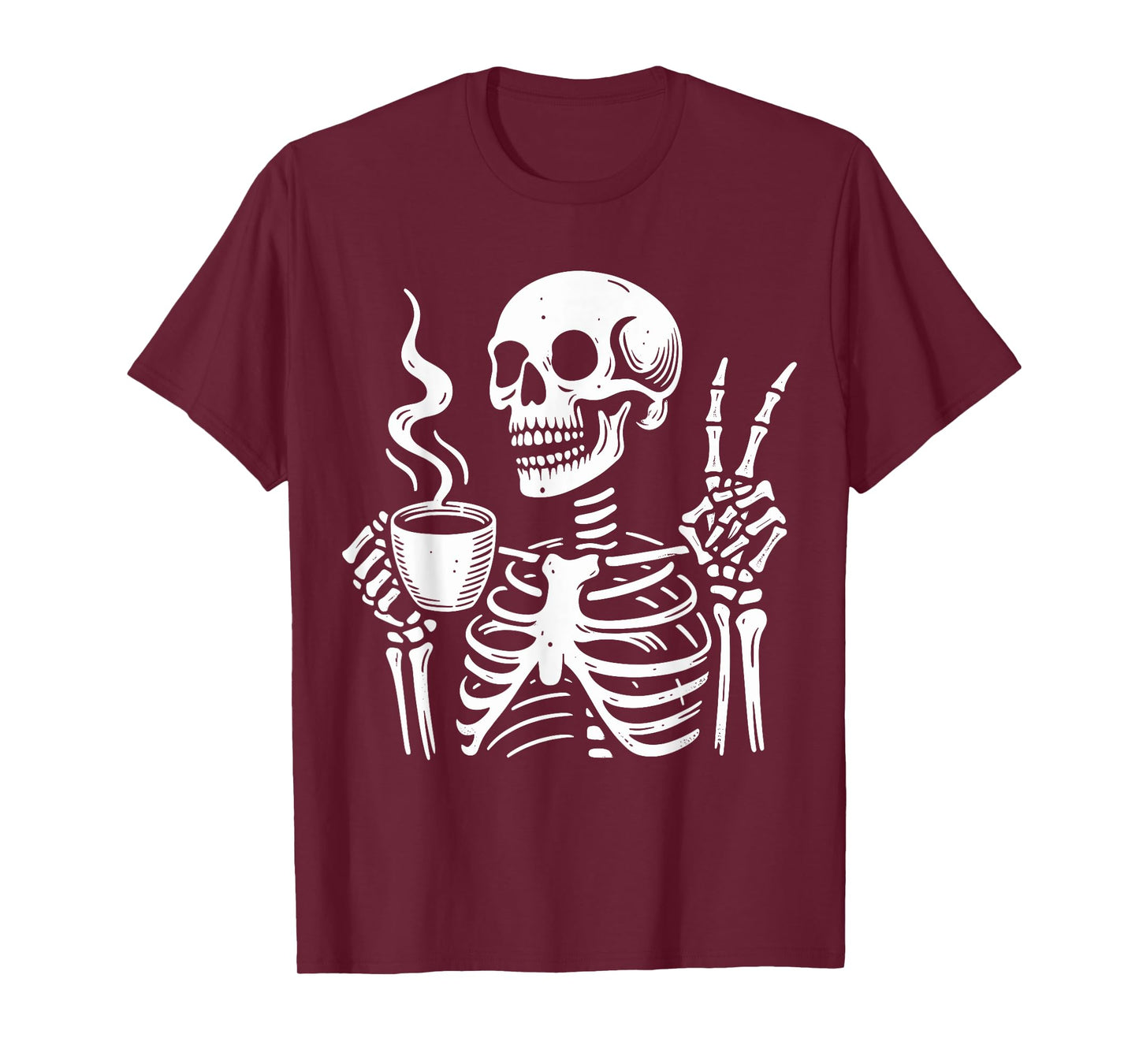 Skeleton Drinking Coffee Gothic Peace Sign Halloween Hippie T-Shirt