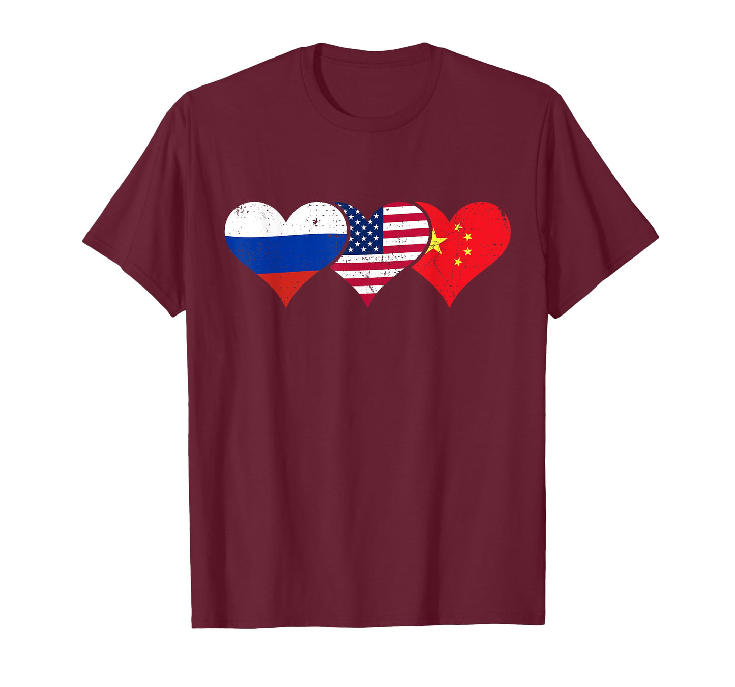 Russia, USA & China Flags – Russian American Chinese Hearts T-Shirt