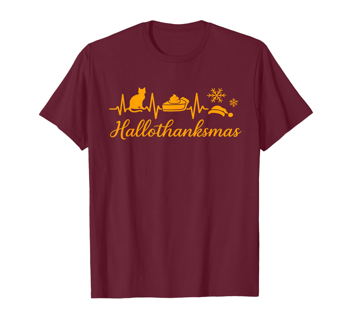Hallothanksmas Heartbeat Cat Pie Snowflake Design T-Shirt