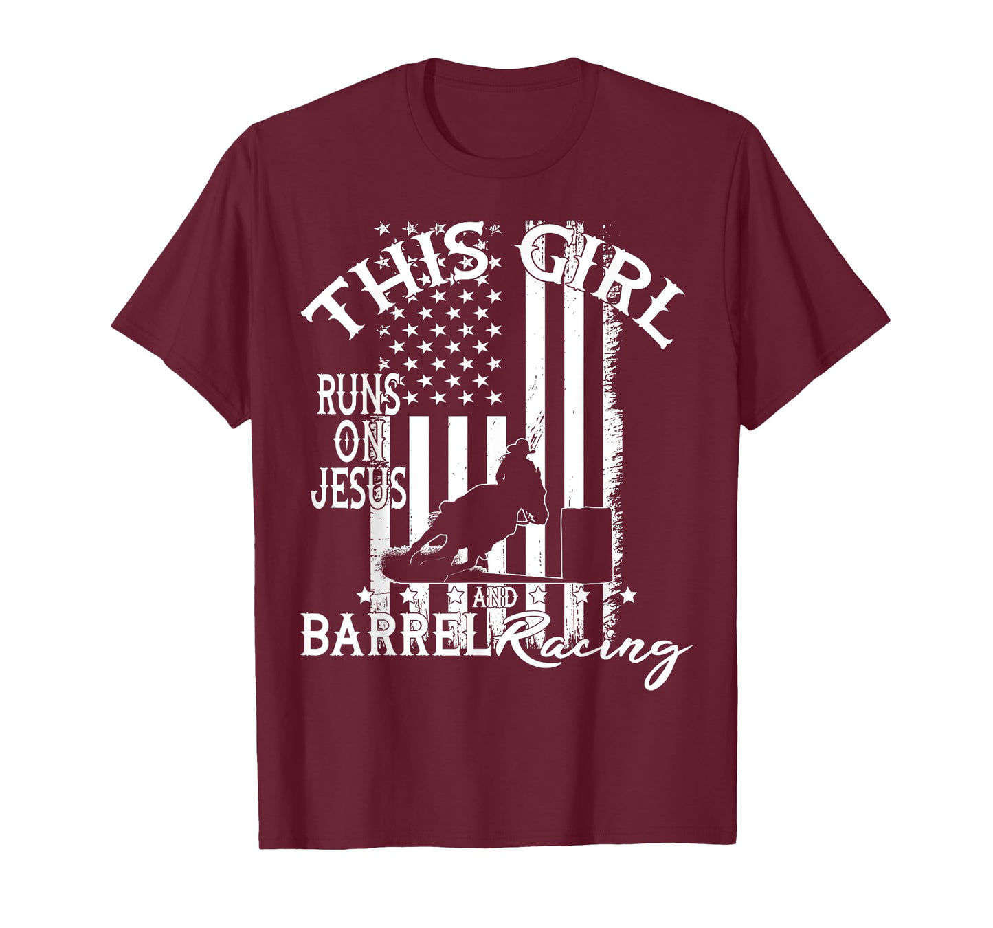 US flag Horse Barrel Racing This Girl runs on Jesus Rodeo T-Shirt