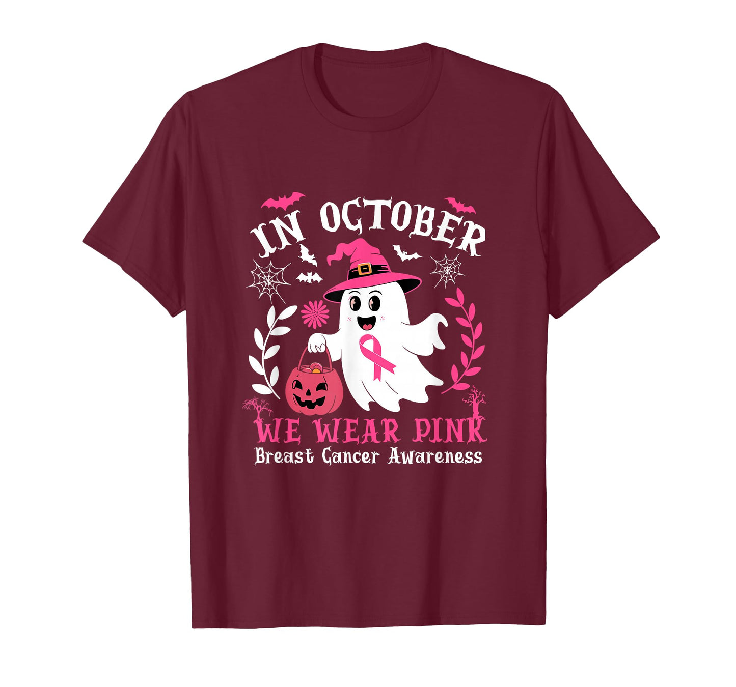 in October We Wear Pink Halloween Witch Ghost Pumpkin T-Shirt