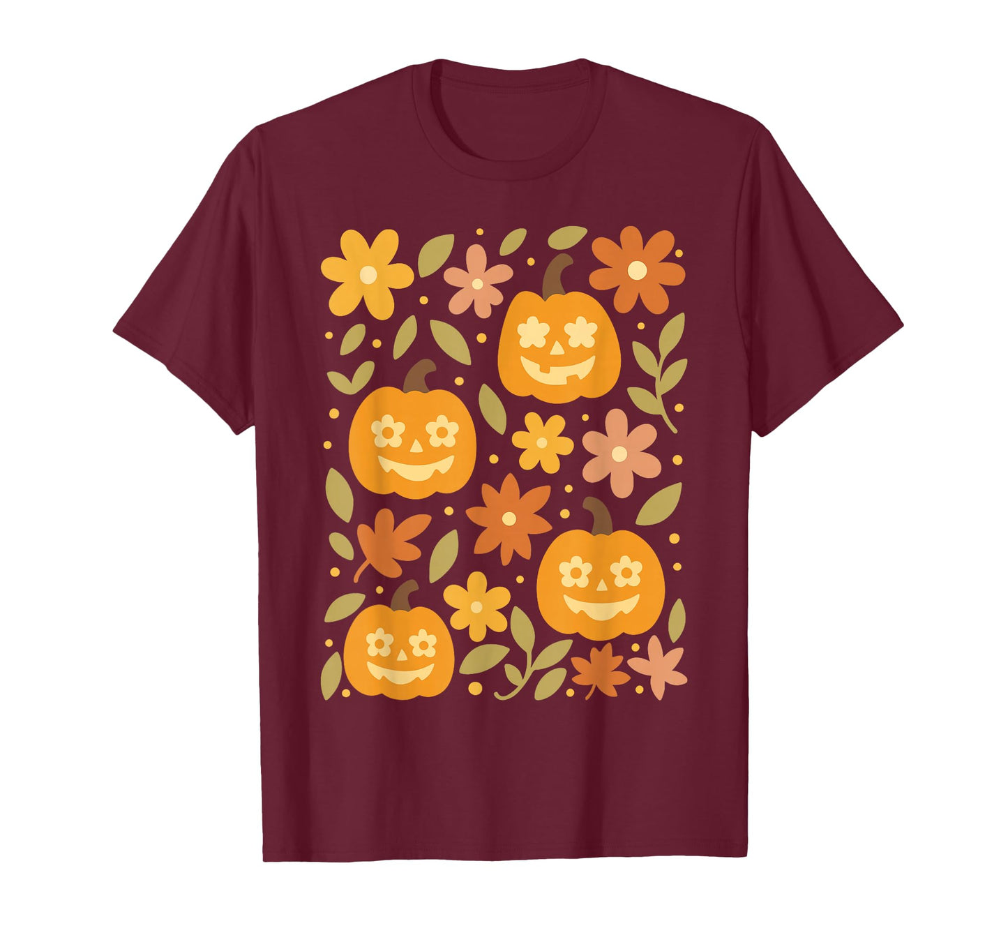 Cute Halloween Pumpkin Jack O Lantern and Fall Flowers Retro T-Shirt