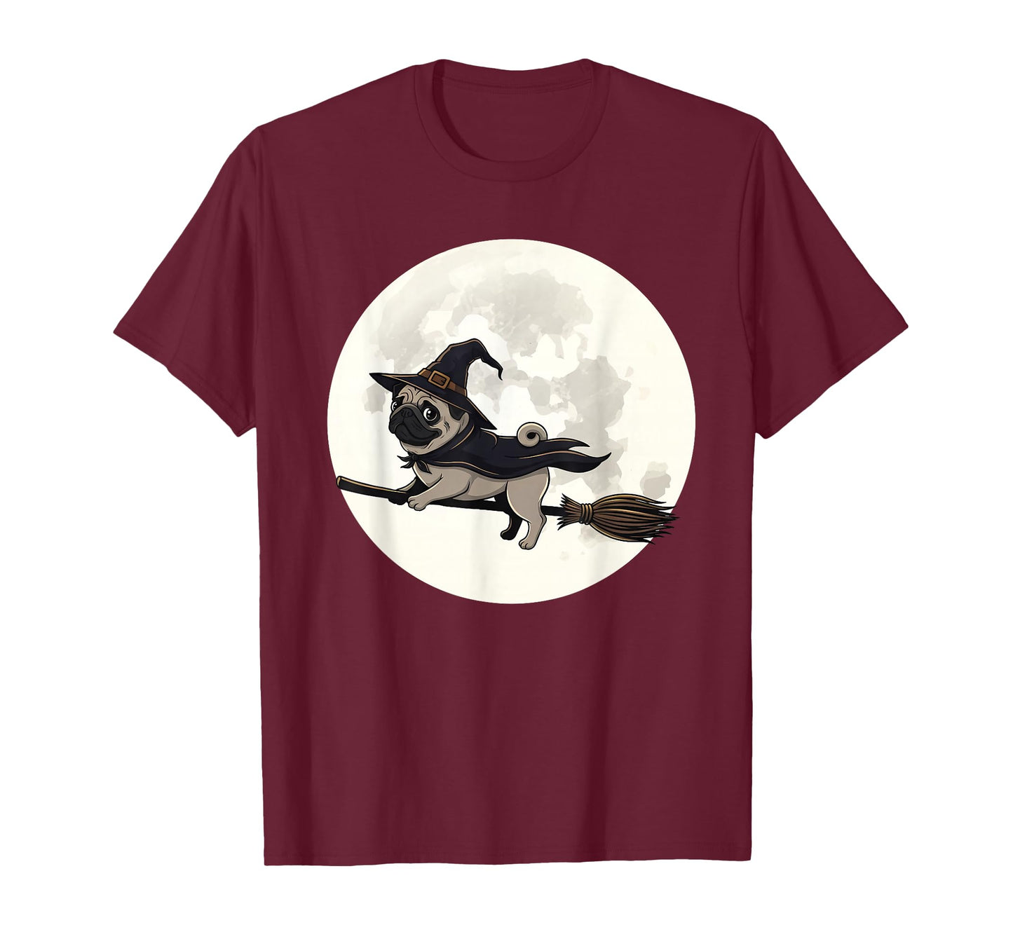 Funny Halloween Witch Pug Dog Flying on Broomstick Full Moon T-Shirt