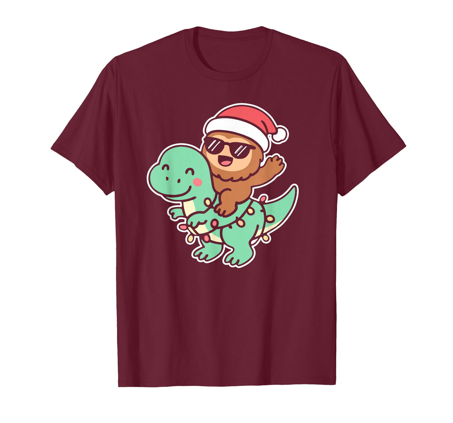 Cute Bigfoot Riding Dinosaur Christmas Tree Lights T-Shirt