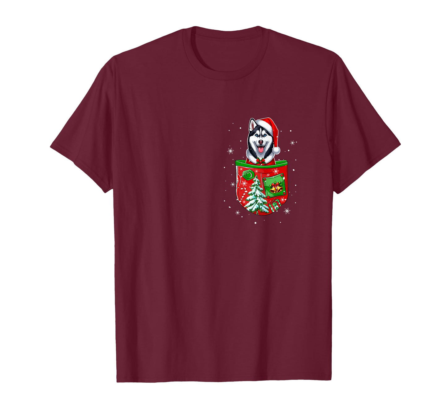 Santa Husky in Pocket Owner Christmas Tree Bells T-Shirt