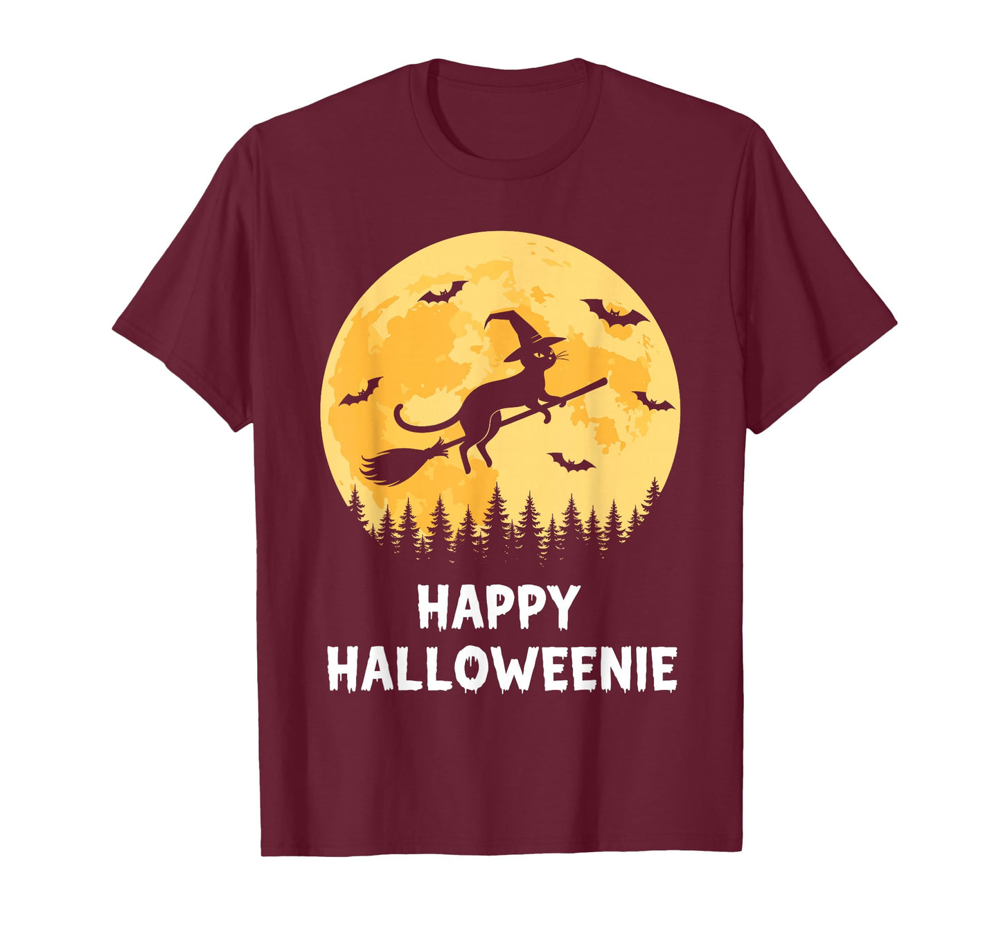 Happy Halloweenie Funny Halloween Cat Flying Witch T-Shirt