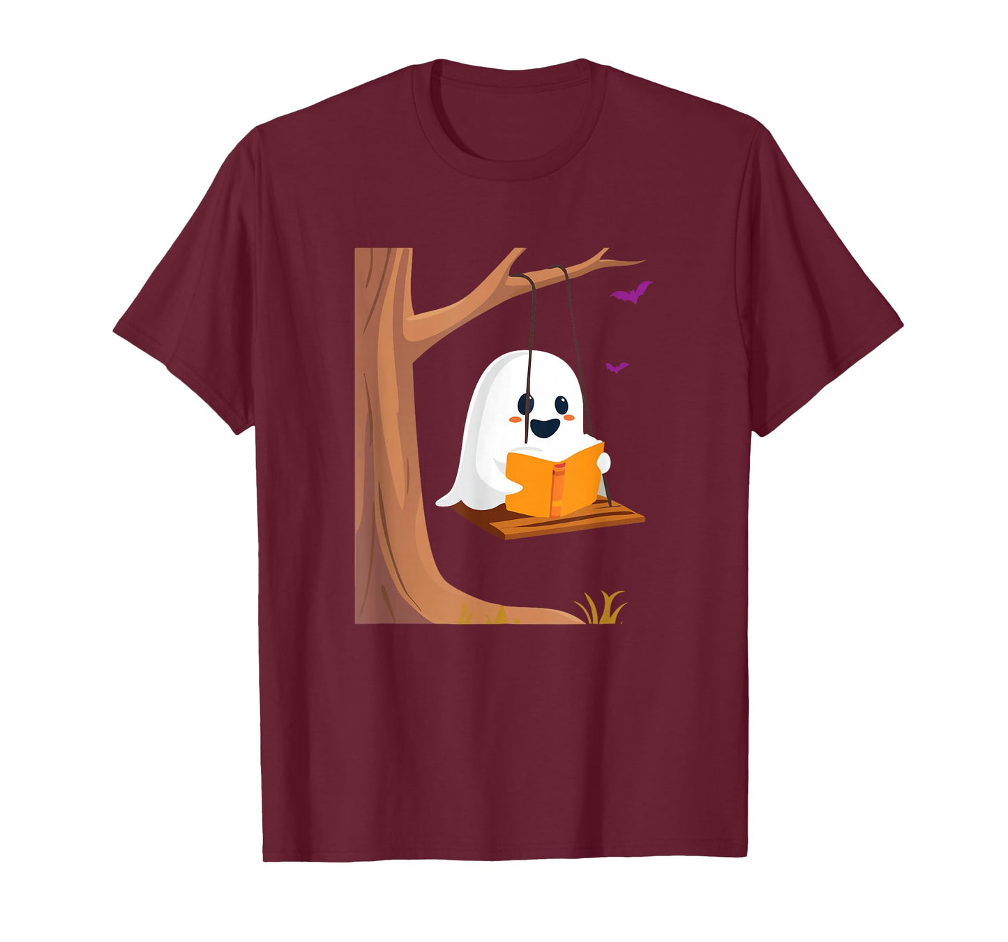 Kawaii Halloween Ghost Swinging Reading Book Bookish T-Shirt
