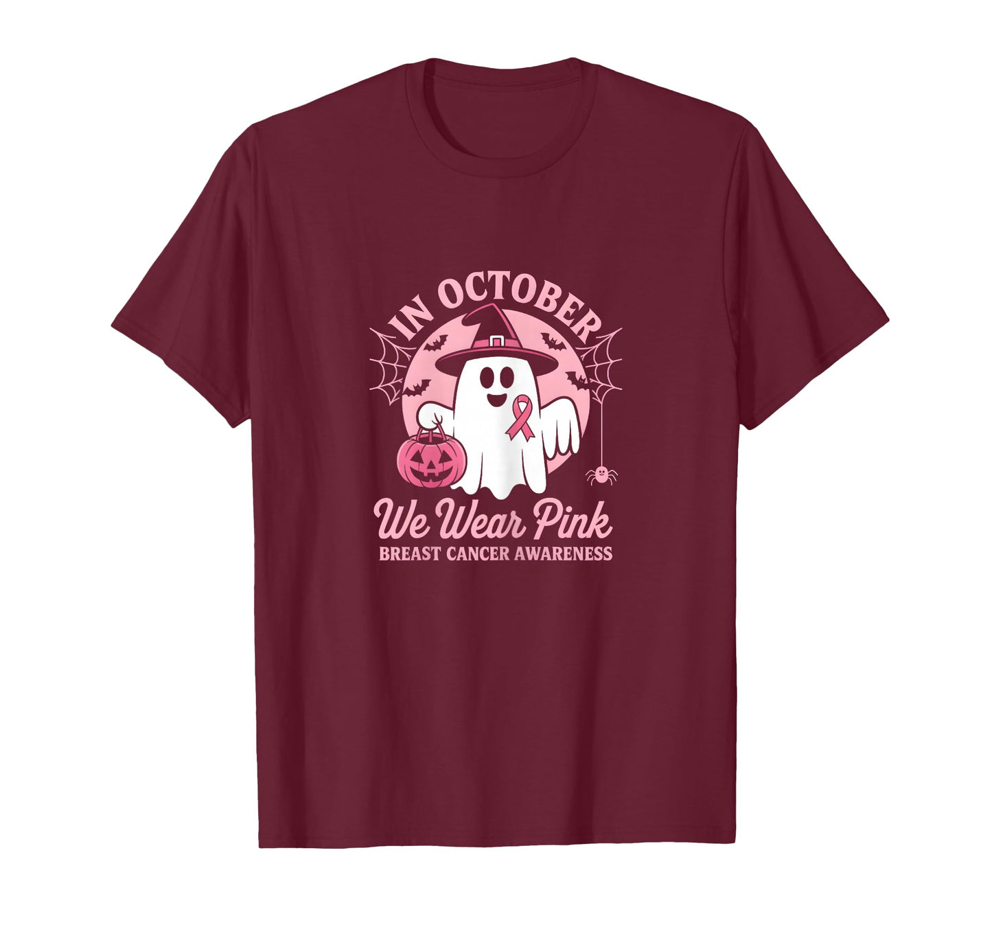 in October We Wear Pink Ghost Witch Breast Cancer Awareness T-Shirt