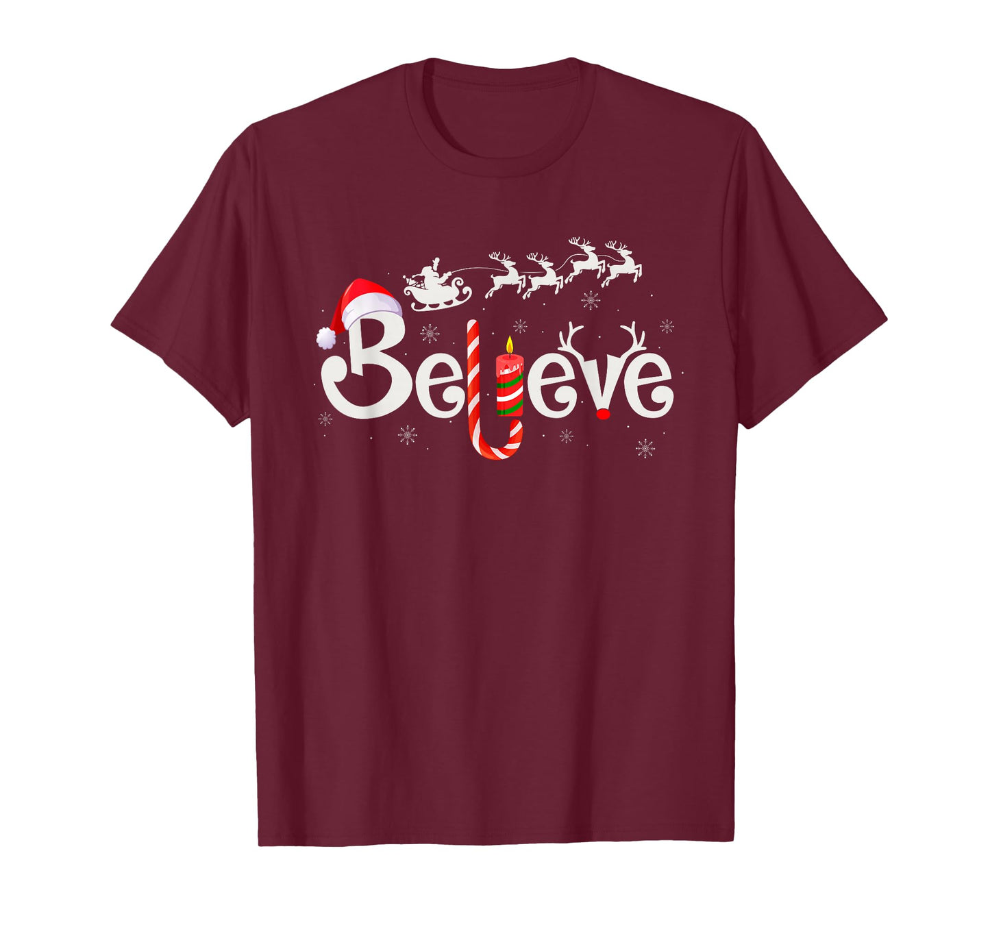 Believe Christmas Family Matching Reindeer Santa Sleigh Xmas T-Shirt