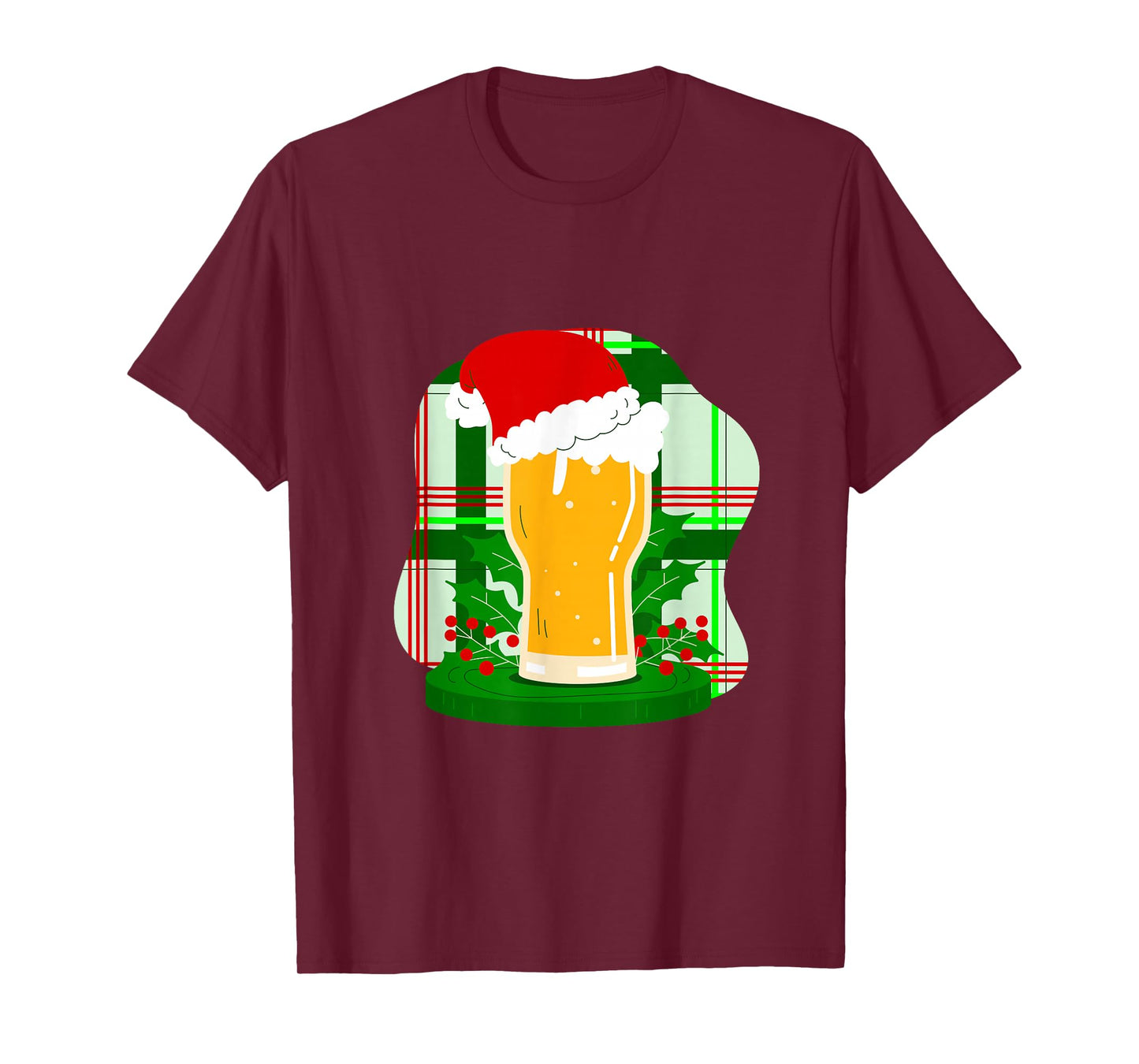 Ugly Christmas Beer Santa Claus Holly Plaid Funny Xmas T-Shirt