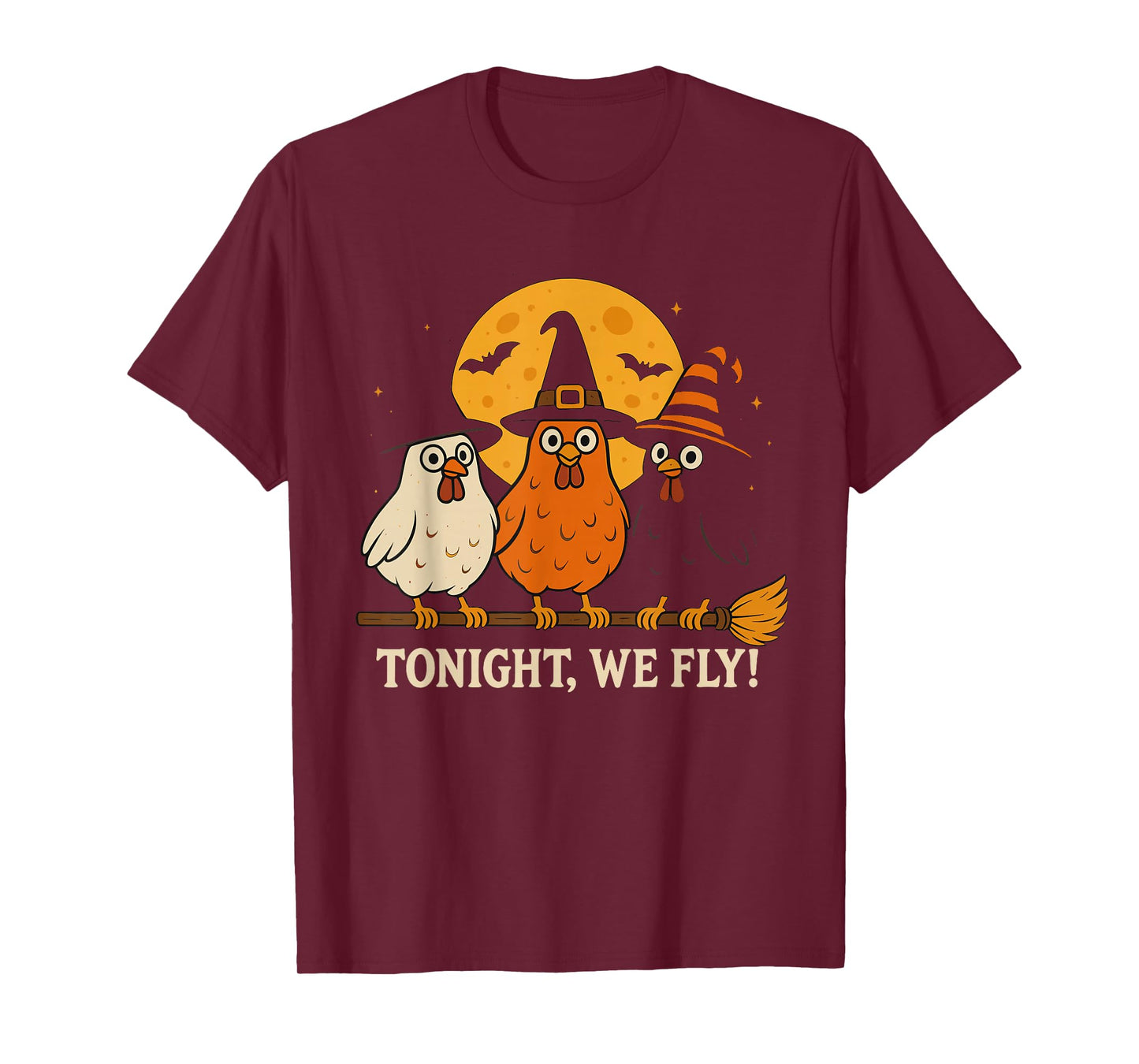 Halloween Funny Chicken Witches Broomstick Spooky Full Moon T-Shirt