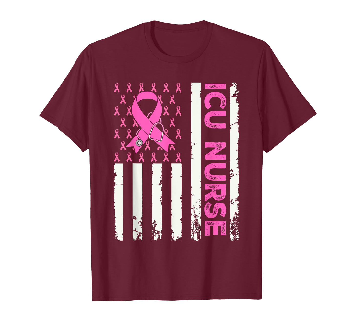 ICU Nurse American Flag Breast Cancer Awareness Pink Ribbon T-Shirt