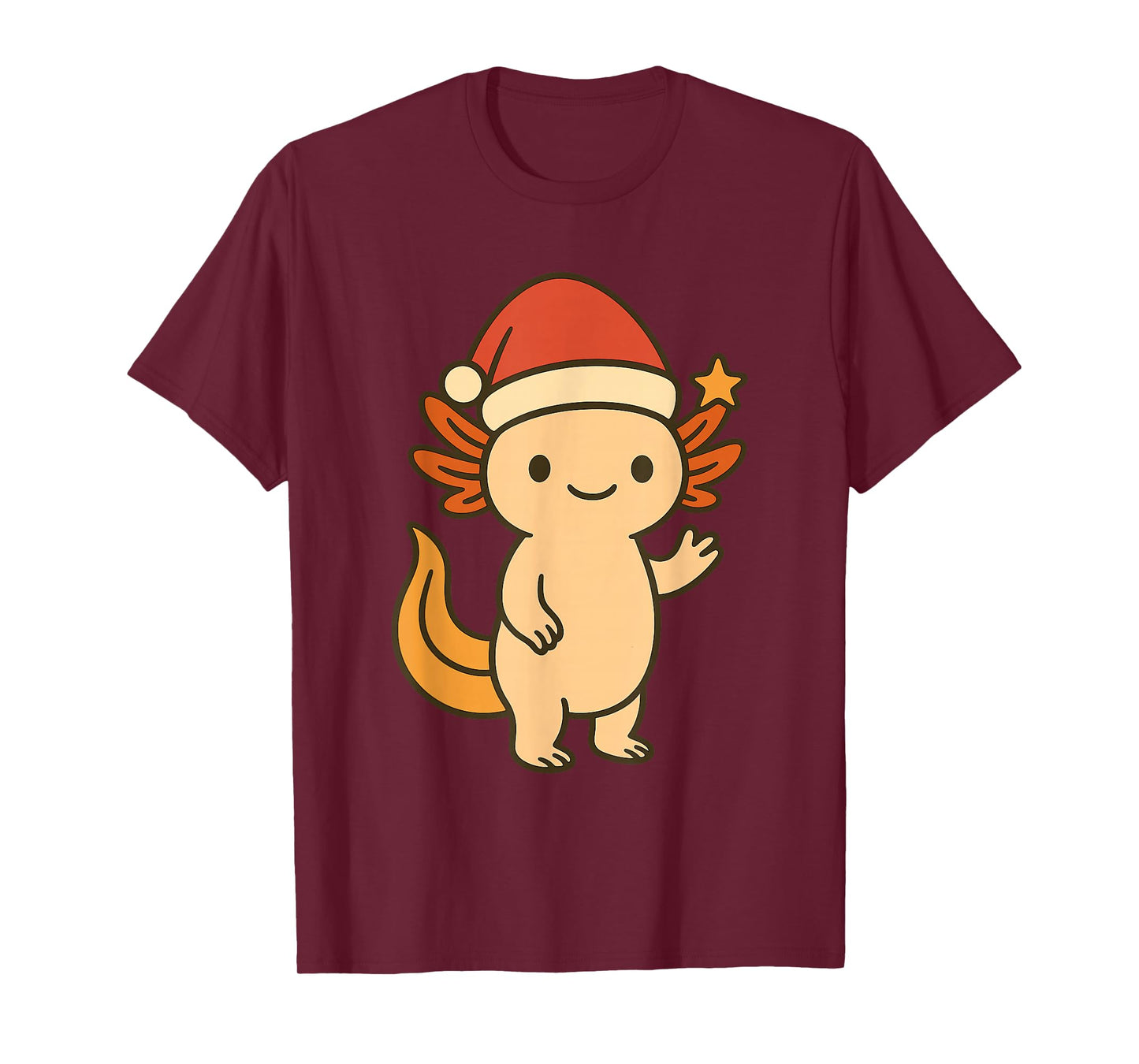 Cute Christmas Axolotl with Santa Hat and Star T-Shirt