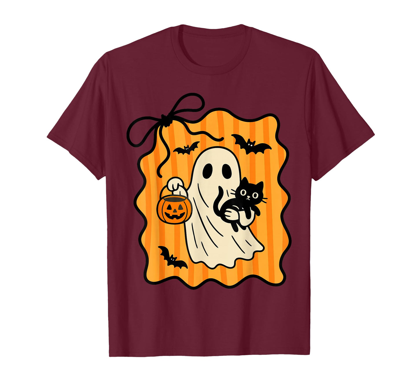 Retro Halloween Ghost Holding Cat Black Pumpkin Coquette Bow T-Shirt