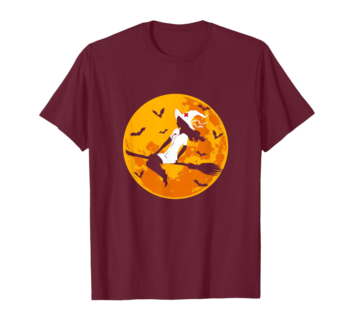 Flying Nurse Witch On Broomstick Halloween Full Moon T-Shirt