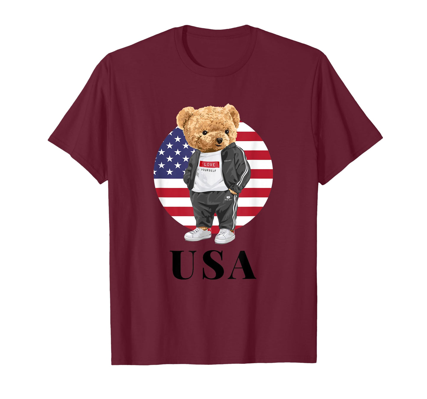 Love Yourself, Cool Illustration Teddy Bear With USA Flag T-Shirt
