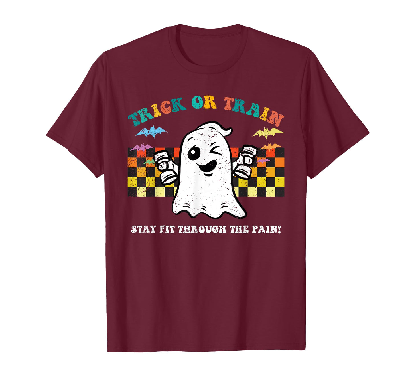 Trick Or Train Ghost Halloween Costume Fitnes Gym Workout T-Shirt