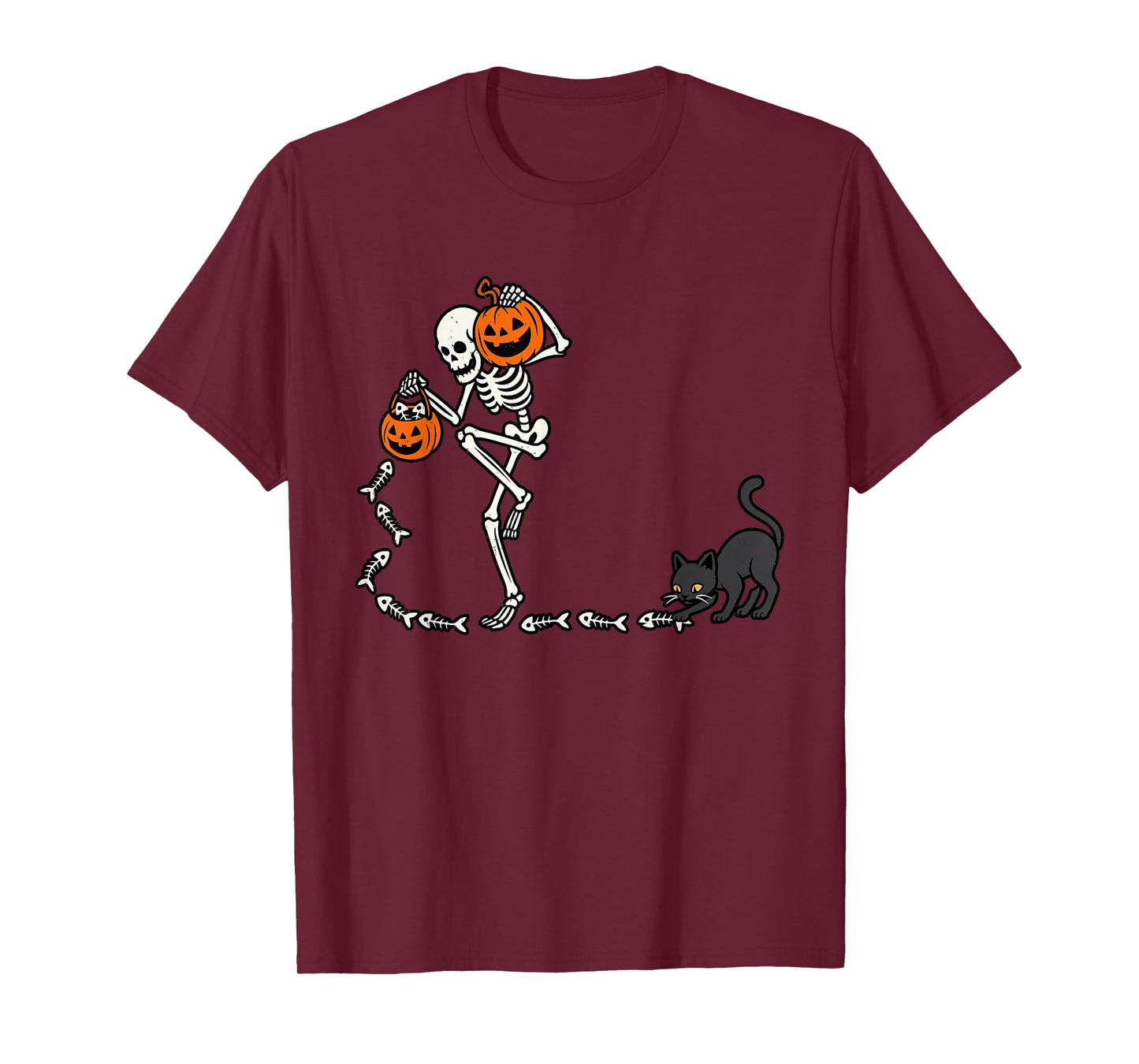Skeleton Pumpkin Black Cat Halloween Funny Spooky Season T-Shirt