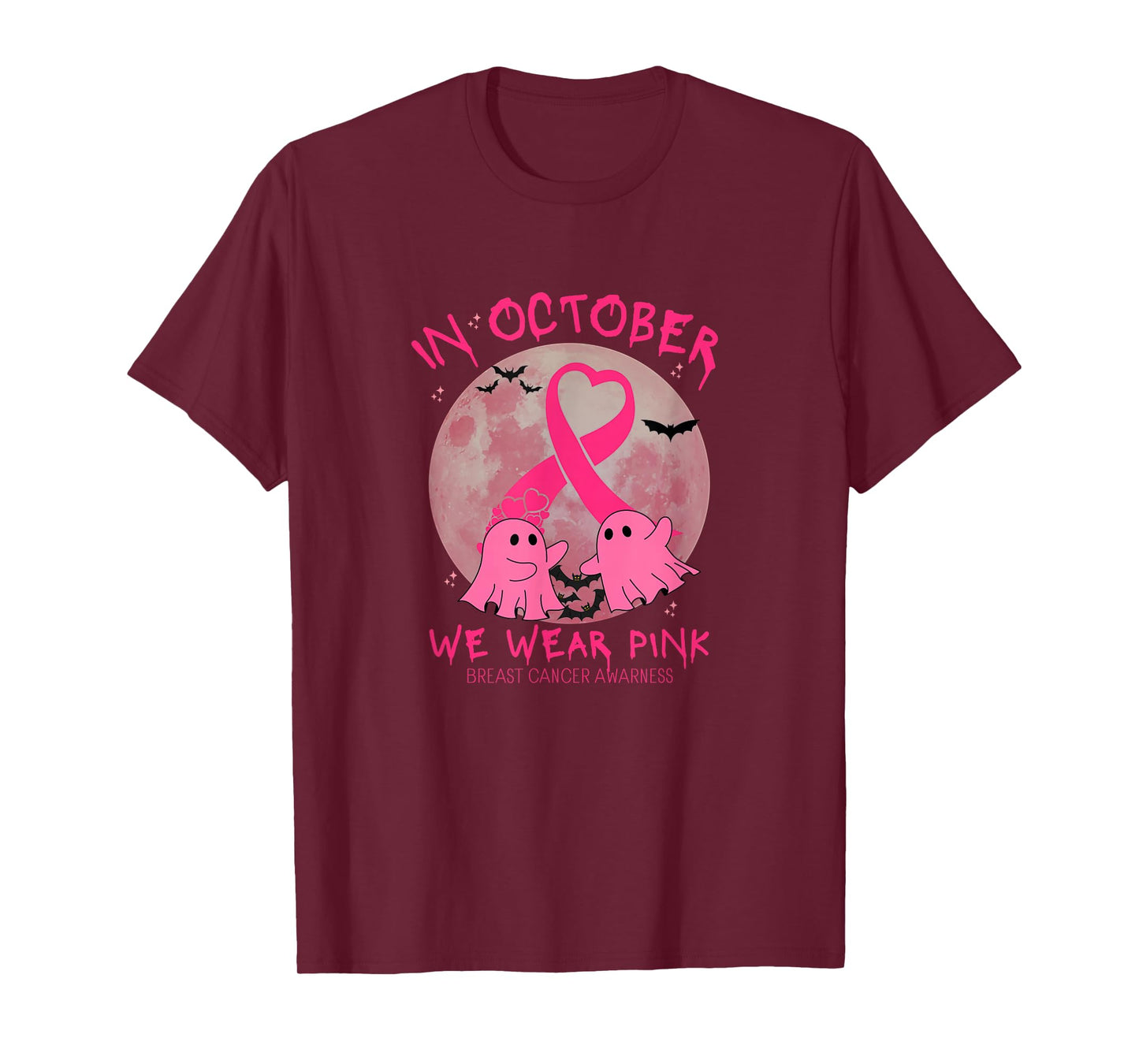 in October We Wear Pink Ghost Witch Breast Cancer Awareness T-Shirt