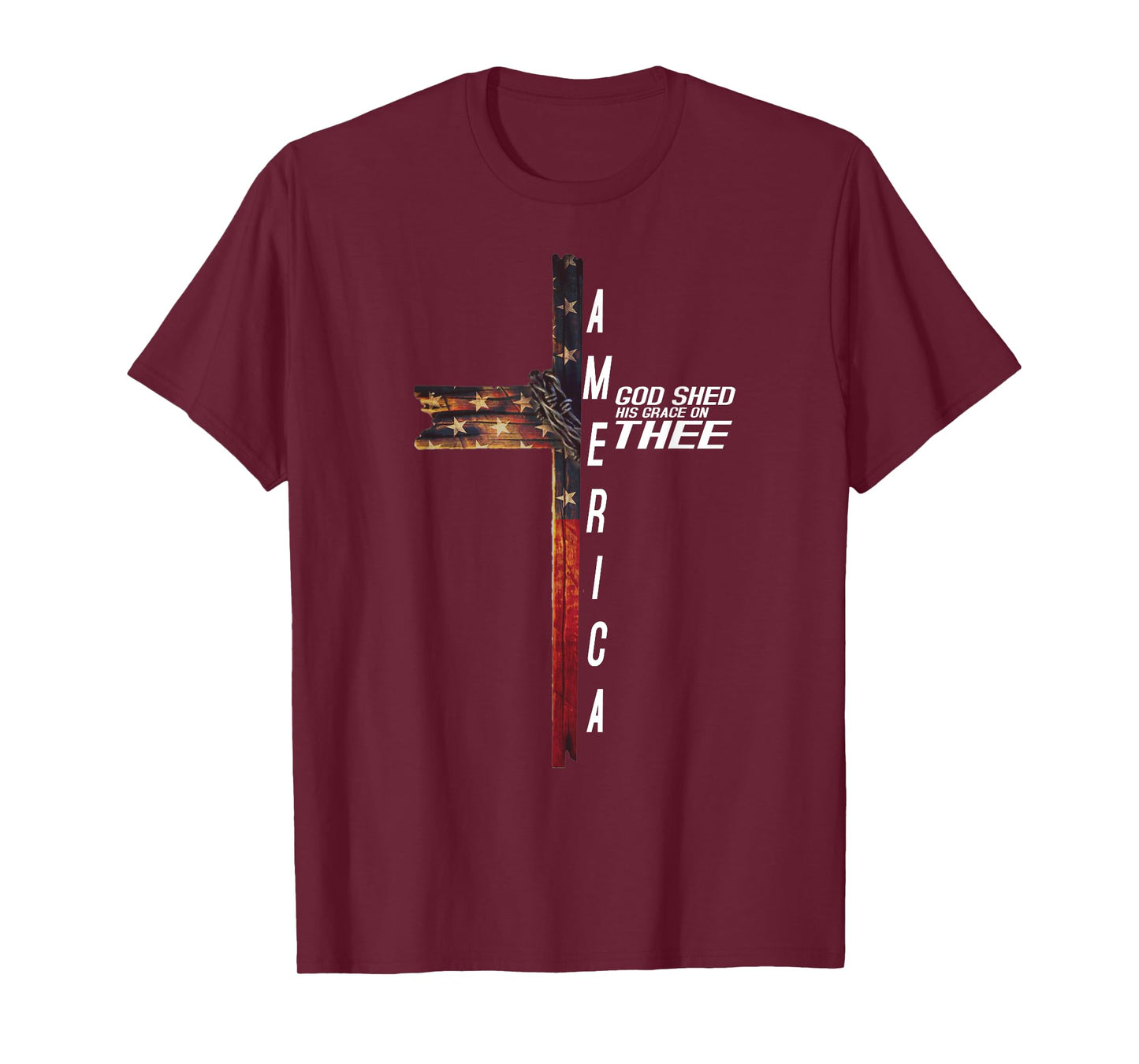 Cross With Flag USA America God Shed His Grace on Thee T-Shirt