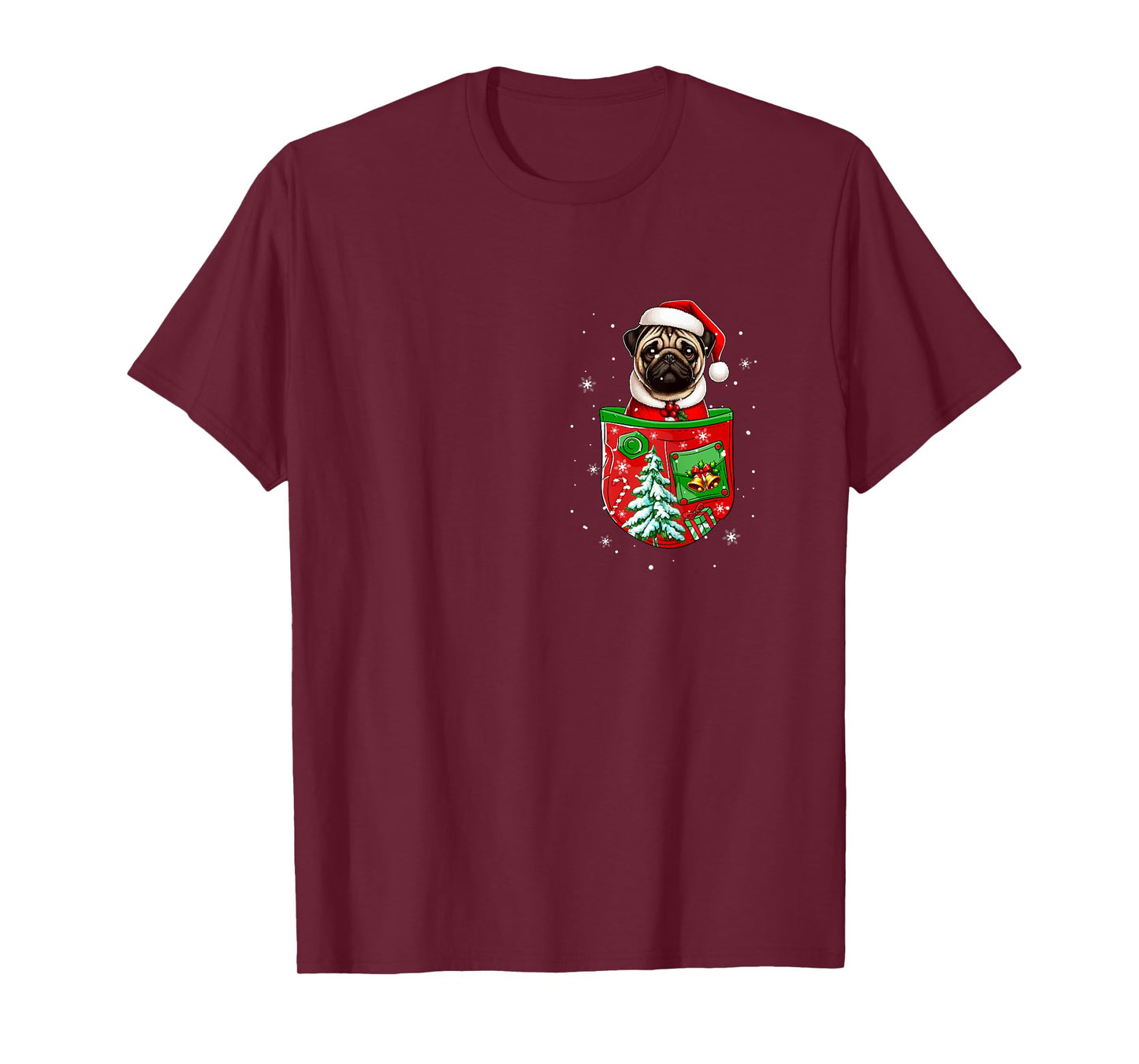 Santa Pug in Pocket Owner Christmas Tree Bells T-Shirt