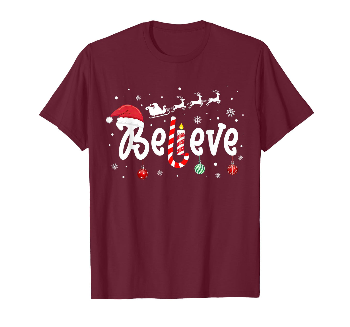 Believe in Santa Christmas Reindeer Candy Cane Xmas Holiday T-Shirt