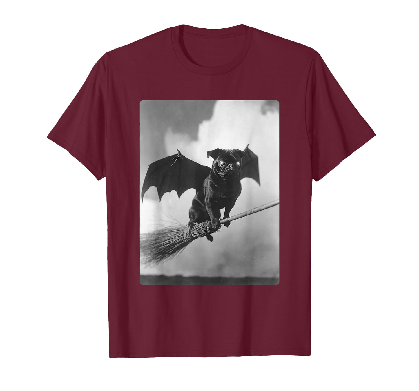 Gothic Pug with Bat Wings Witch Broom Spooky Halloween Dog T-Shirt