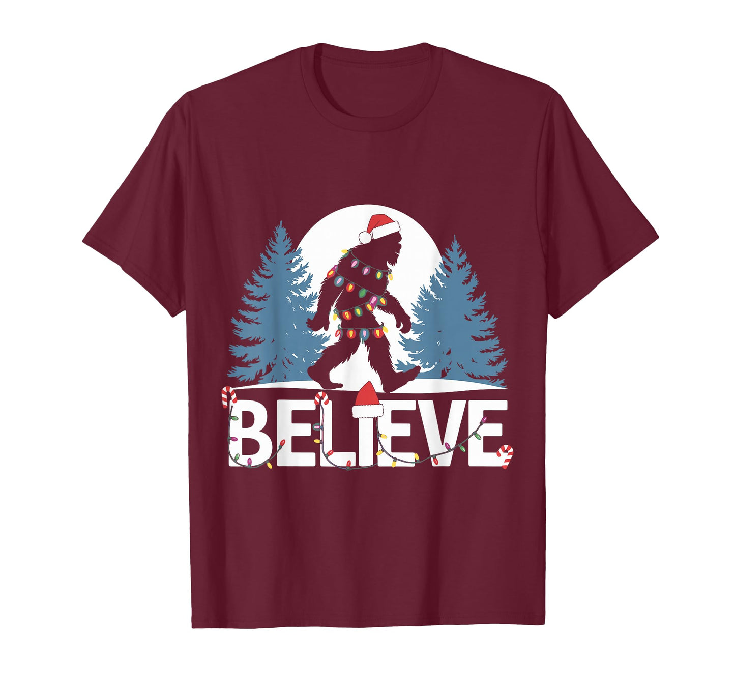 Santa Bigfoot Christmas Lights Funny Sasquatch Believe Xmas T-Shirt