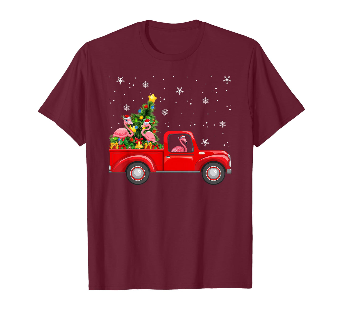 Flamingo Riding Red Truck Christmas Tree Decor Funny Xmas T-Shirt