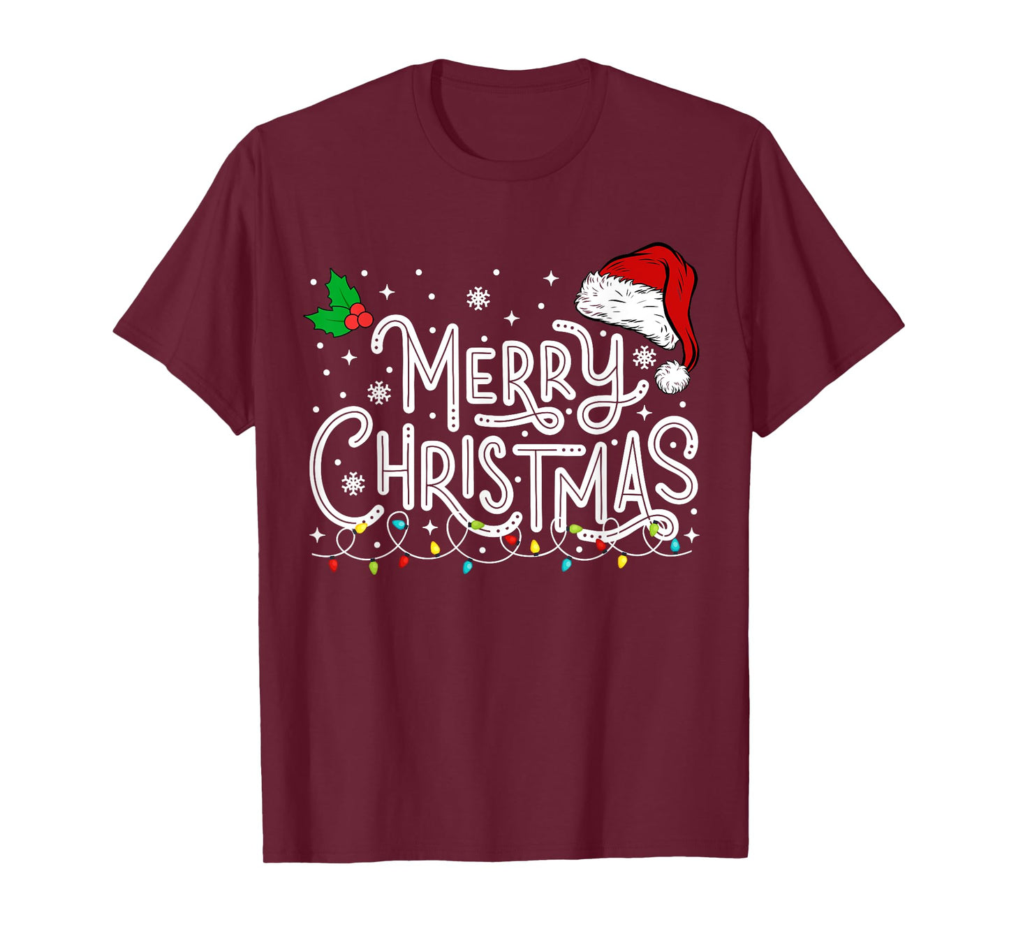 Merry Christmas Lights Red Santa Hat Xmas Family Men Women T-Shirt