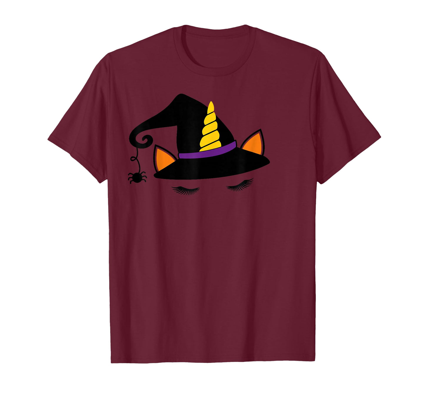 Unicorn Face Eyelashes Witch Hat Spider Halloween Costume T-Shirt
