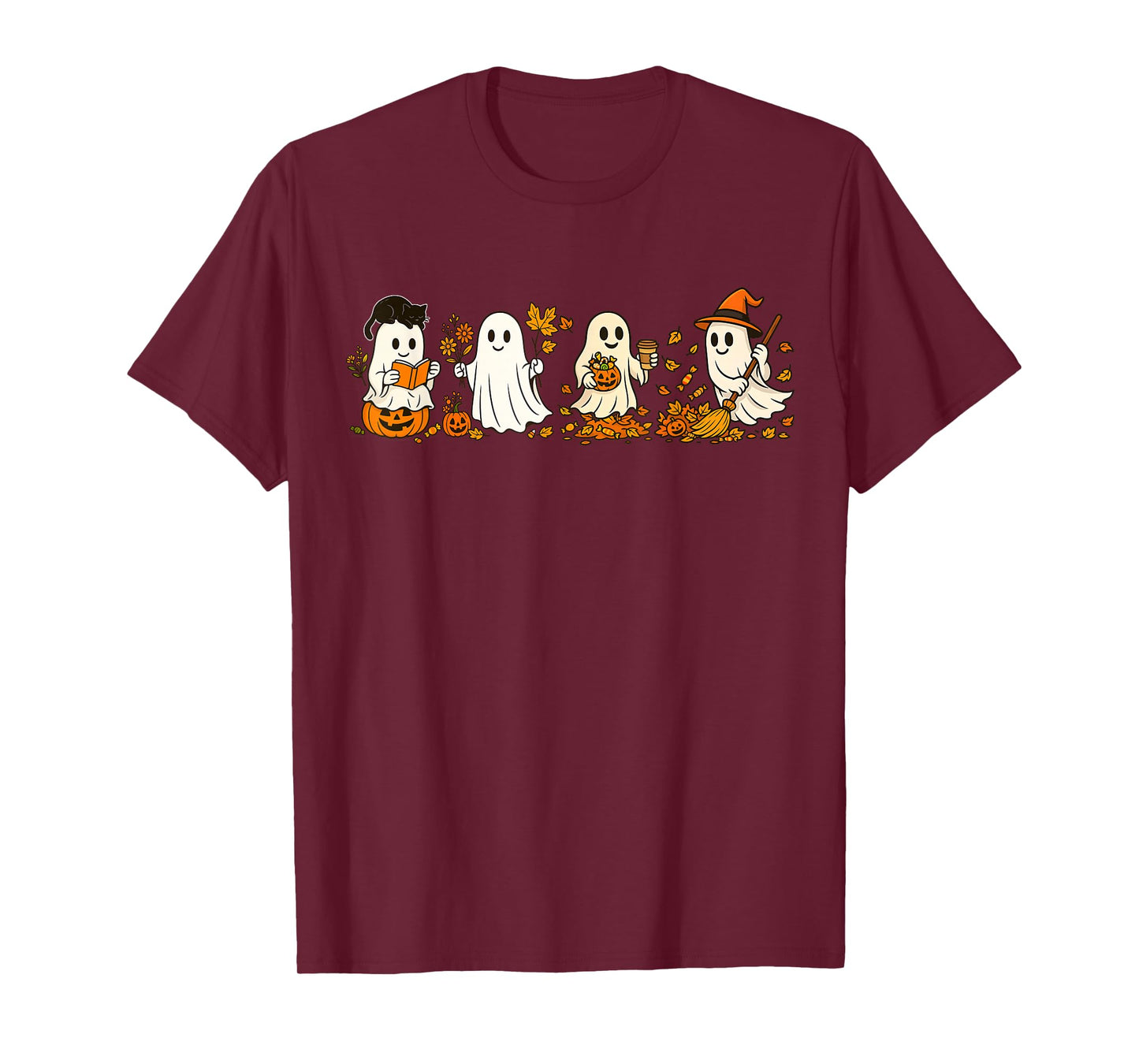 Cute Ghost Drinking Coffee Halloween Ghost Book Reading T-Shirt