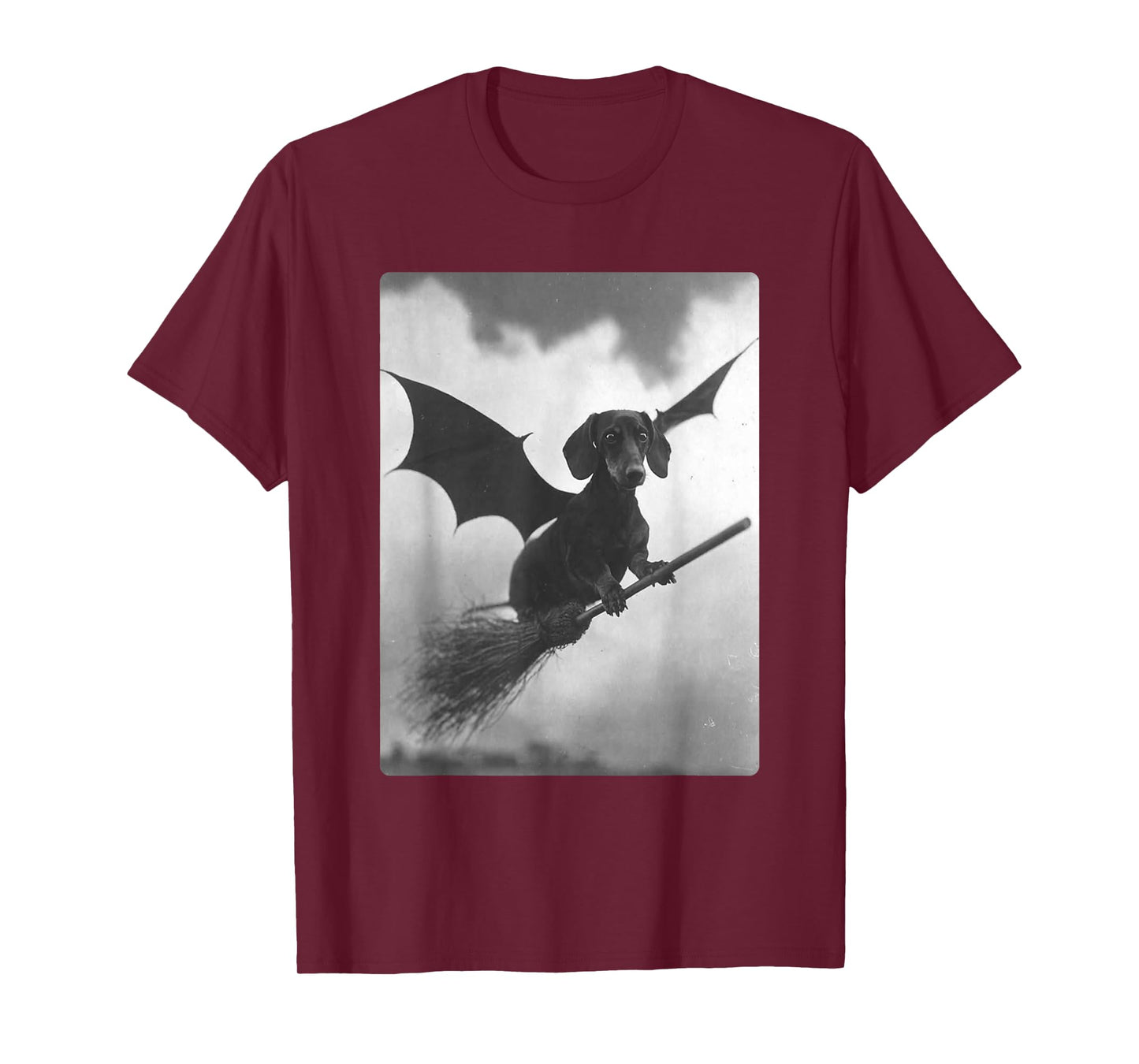 Gothic Dachshund Witch Broom Bat Wings Spooky Halloween Dog T-Shirt