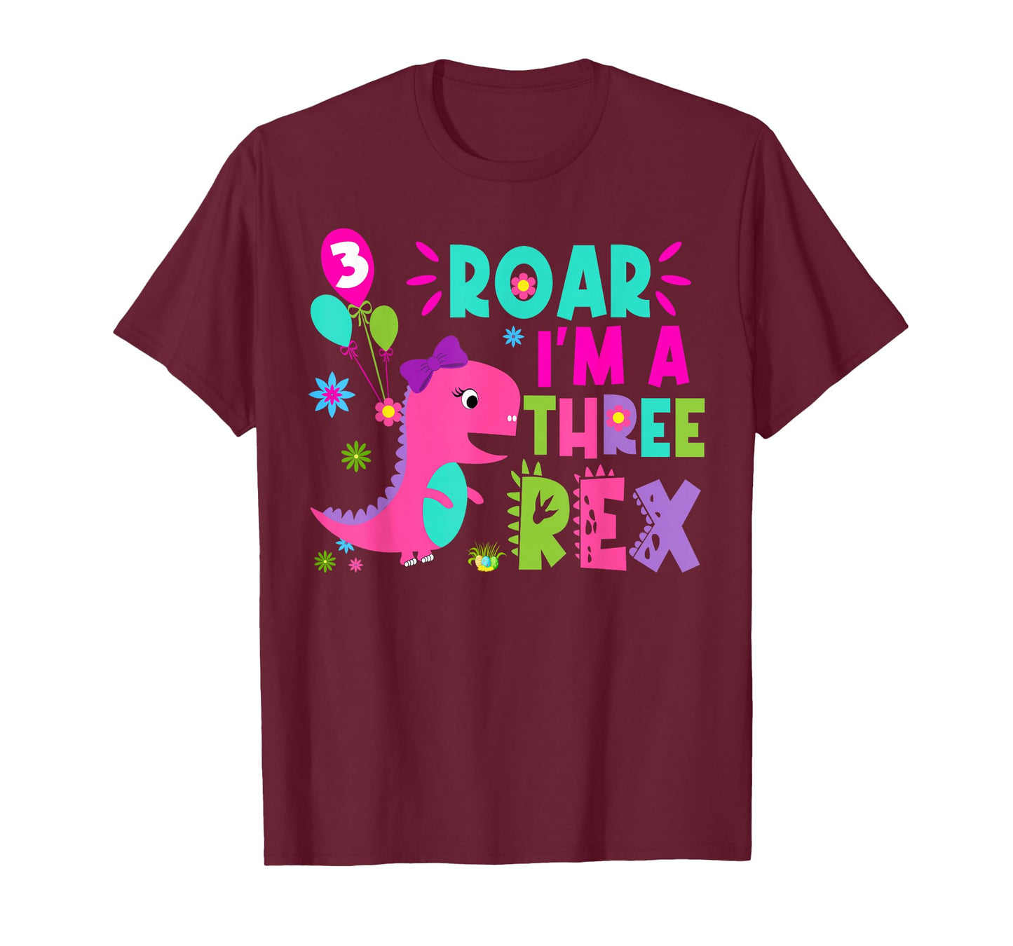 Roar I'm A Three Rex Birthday Girl Dinosaur Lover 3 Year Old T-Shirt