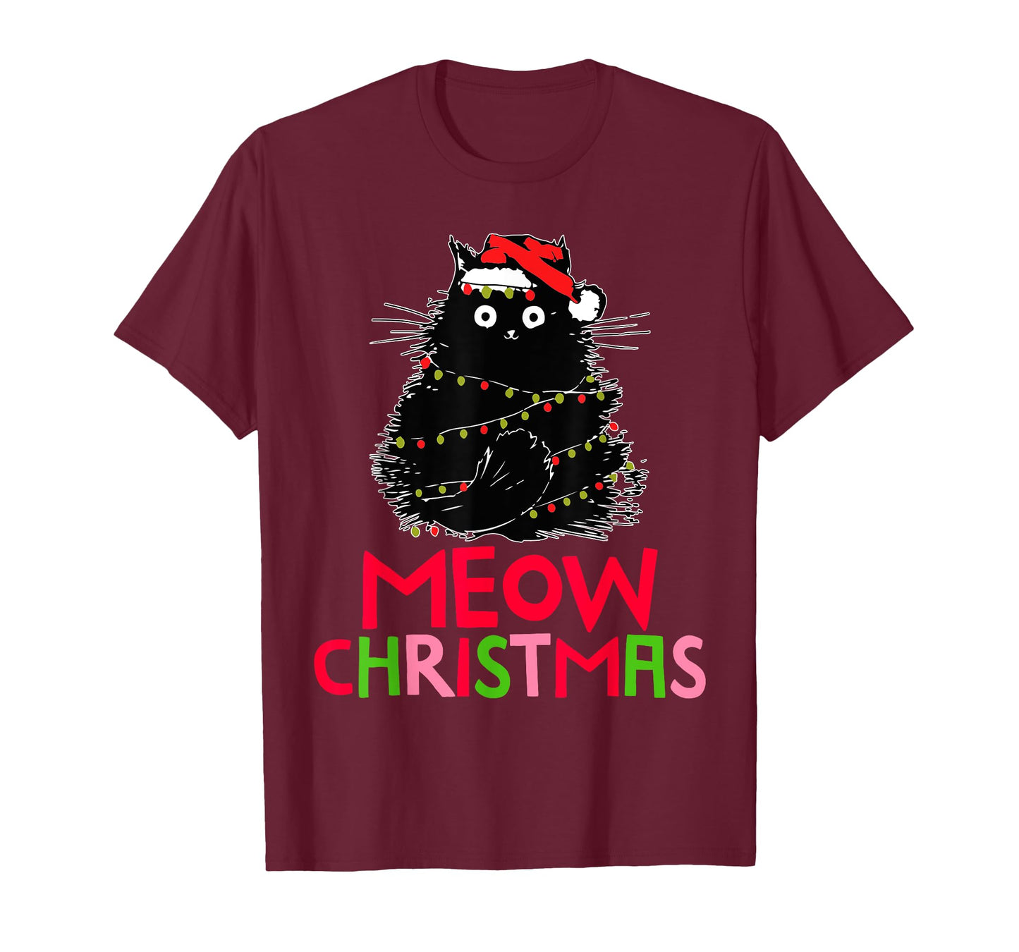 Funny Cute Black Cat Santa Christmas Lights Meow Women Men T-Shirt