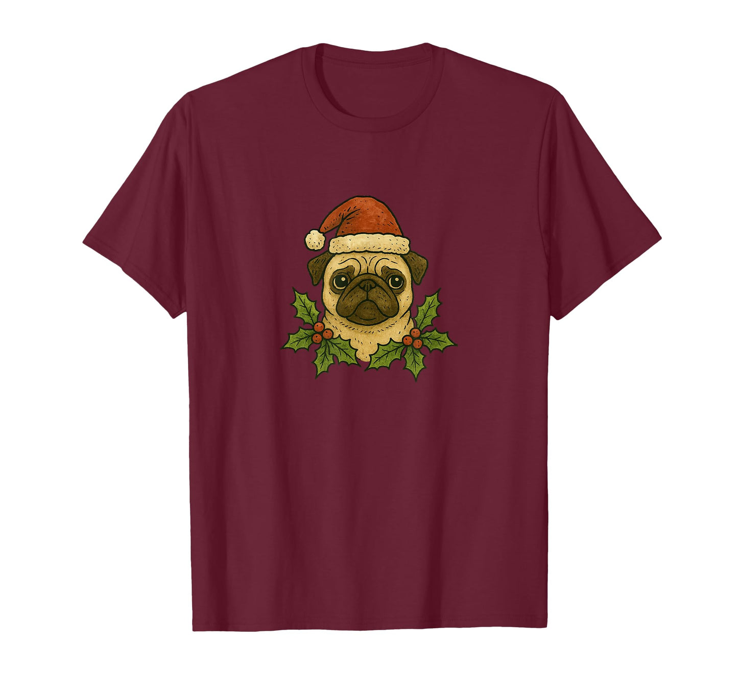 Christmas Pug Santa Hat Holly Holiday Cheer T-Shirt