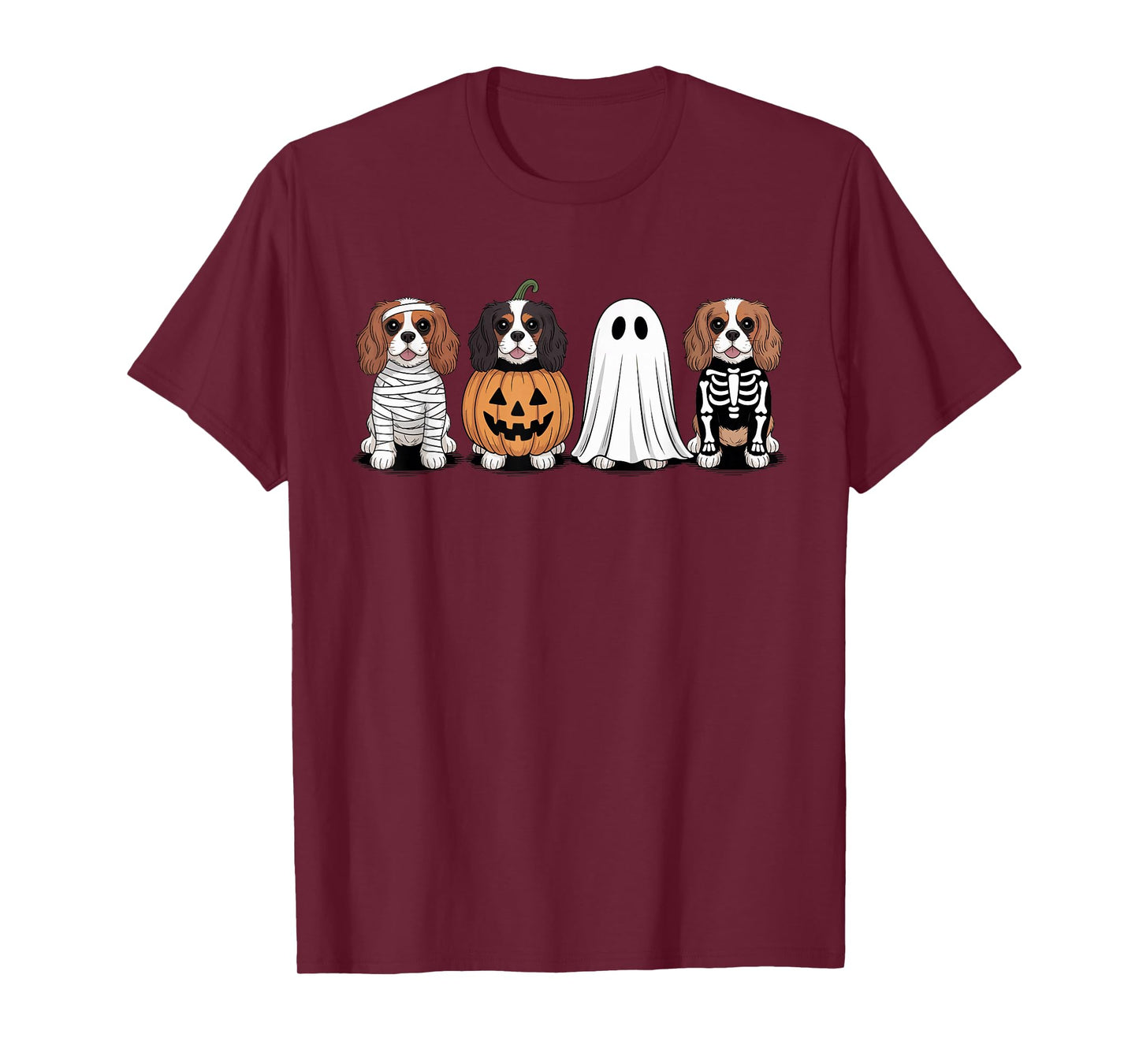 Spooky Ghost Cavalier Dog Pumpkin Halloween Skeleton T-Shirt