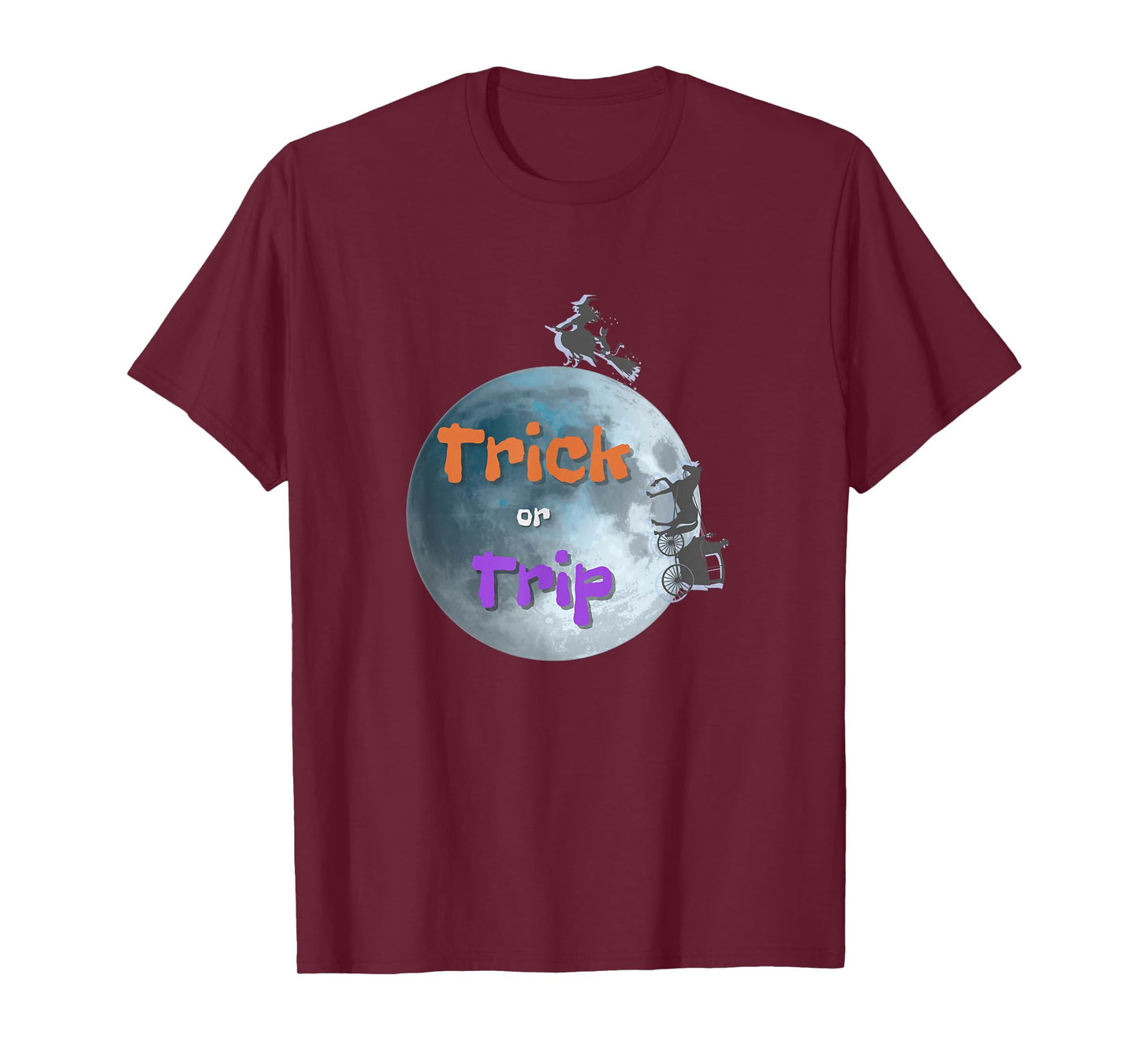 Halloween Trick or Trip - Funny Witch and Carriage Design T-Shirt
