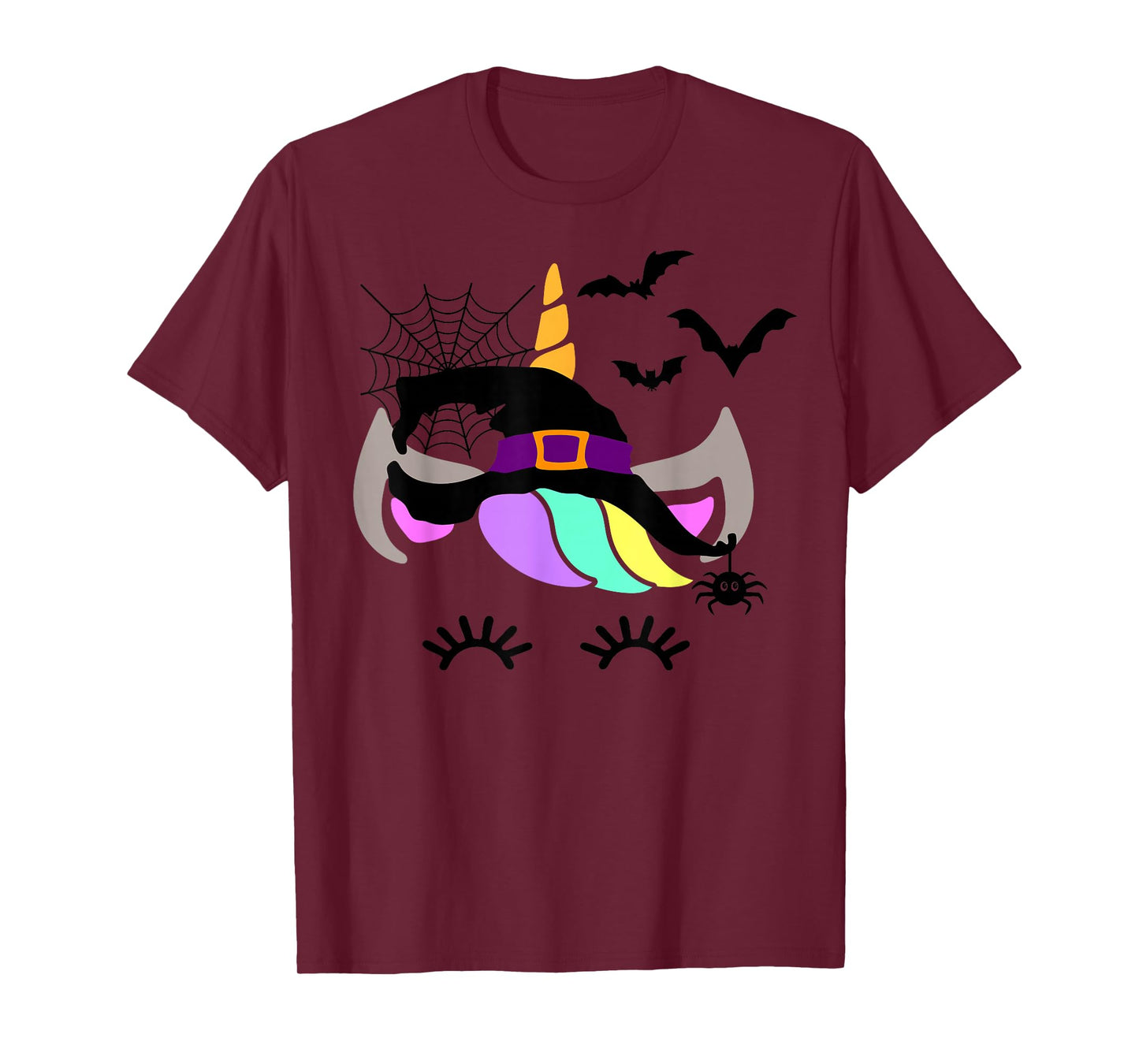 Unicorn Face Eyelashes Bats Spider Witch Halloween Costume T-Shirt
