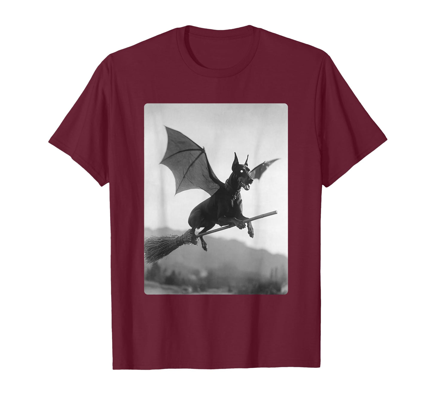 Gothic Doberman Witch Broom Bat Wings Spooky Halloween Dog T-Shirt