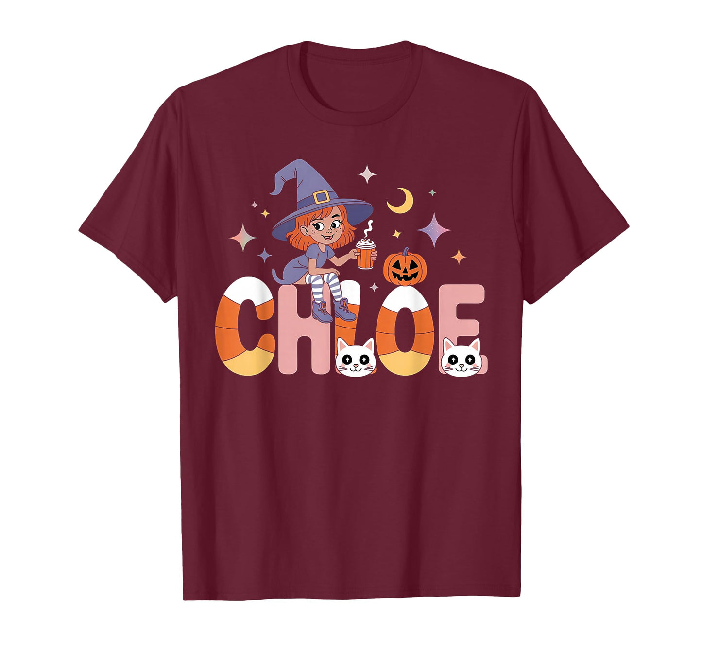 Chloe Witch Candy Corn Cat Halloween Women and Girls T-Shirt