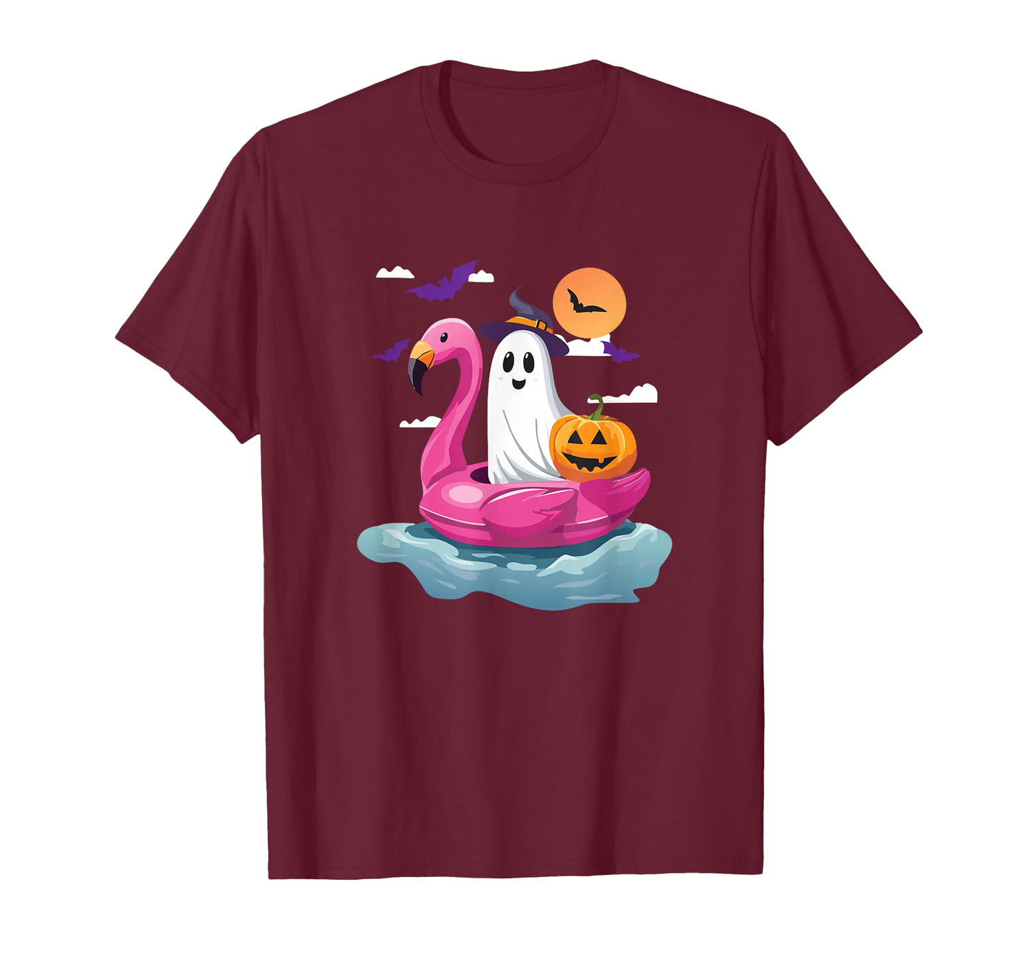 Boo Ghost with Flamingo Float Halloween Pumpkin Witch Hat T-Shirt